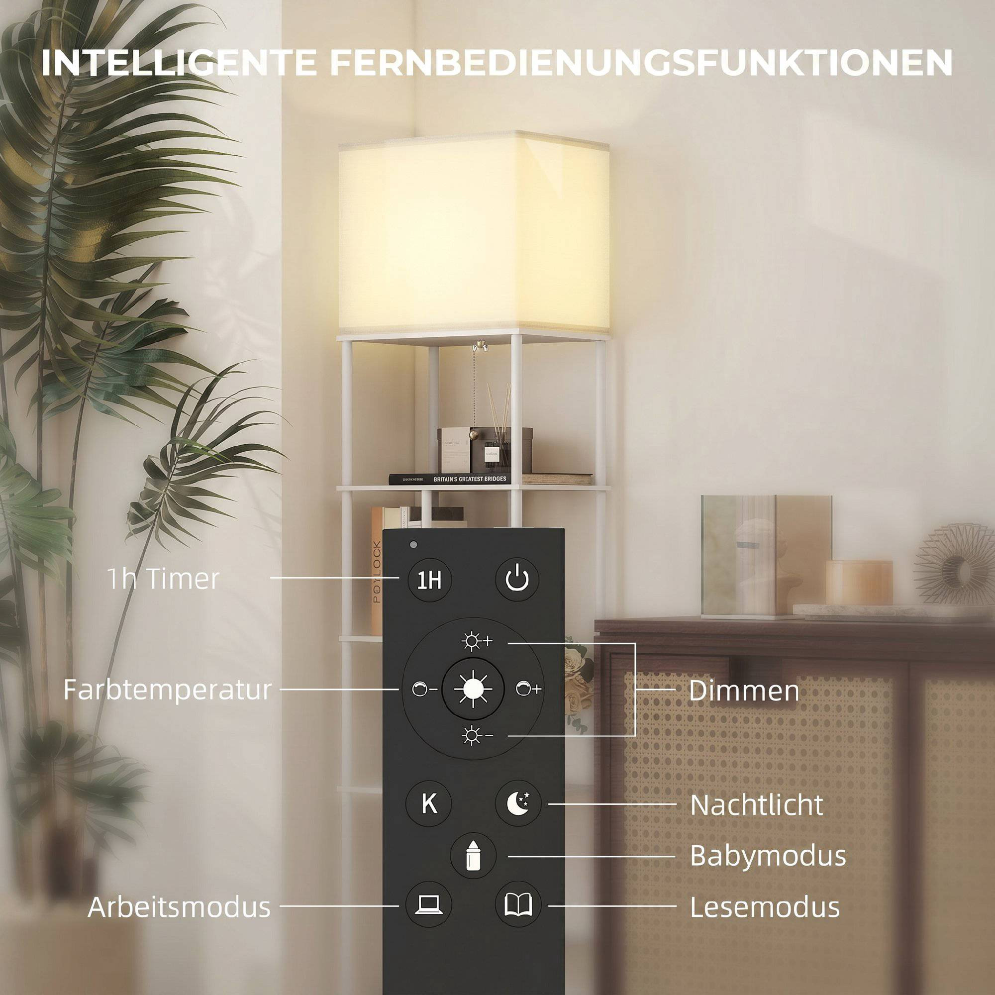 Lampadaire avec étagères, télécommande à intensité variable, blanc