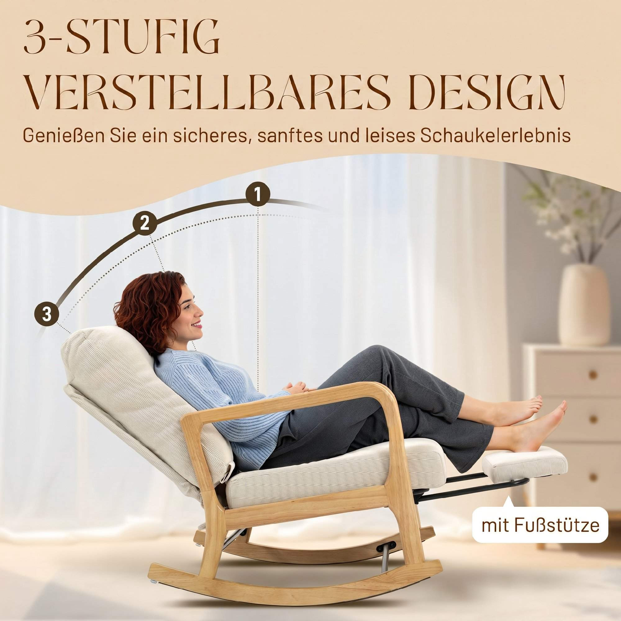 Mecedora ajustable con reposapiés, pana beige.