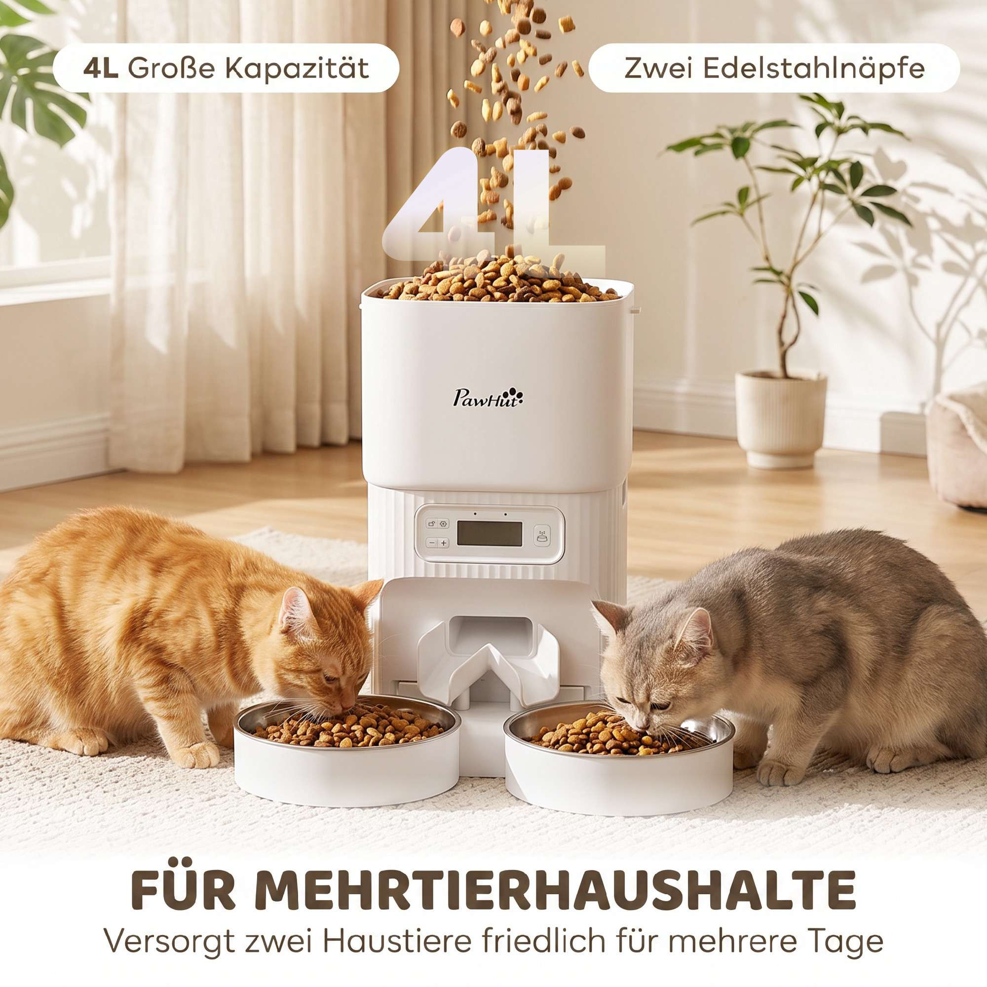 Automatic Cat Feeder, 4L Timer, 2 Stainless Bowls