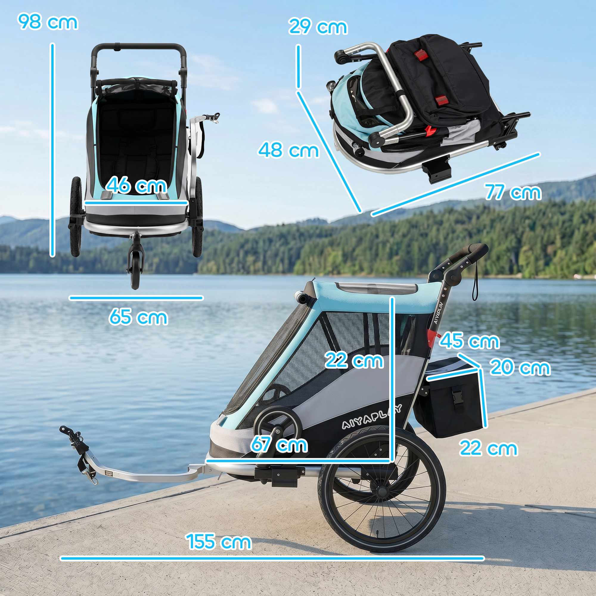 Carrinho de bebê/reboque para bicicleta 2 em 1, dobrável, com pneus...
