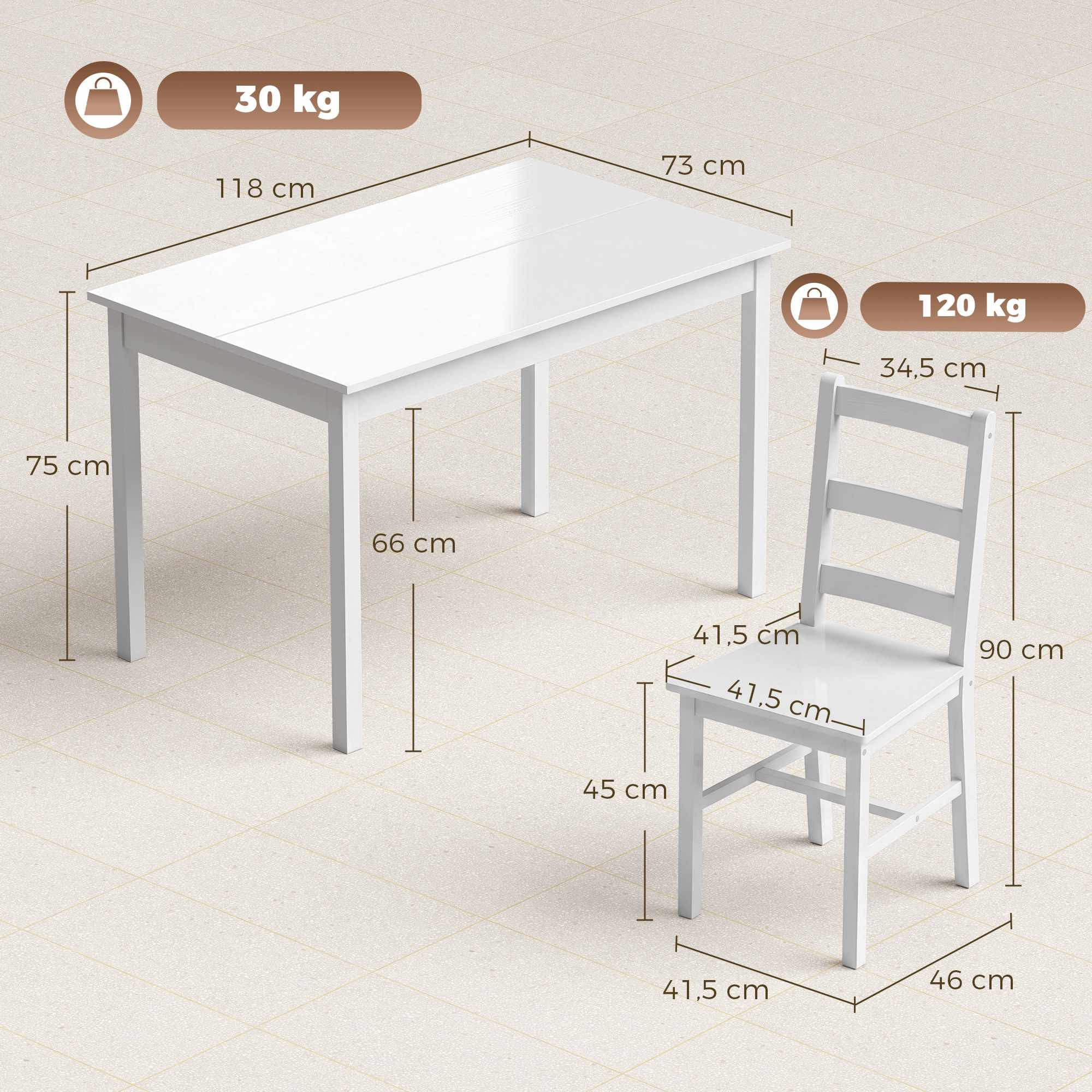 Dining Table Set, 5-Piece Solid Pine, White, Seats 4