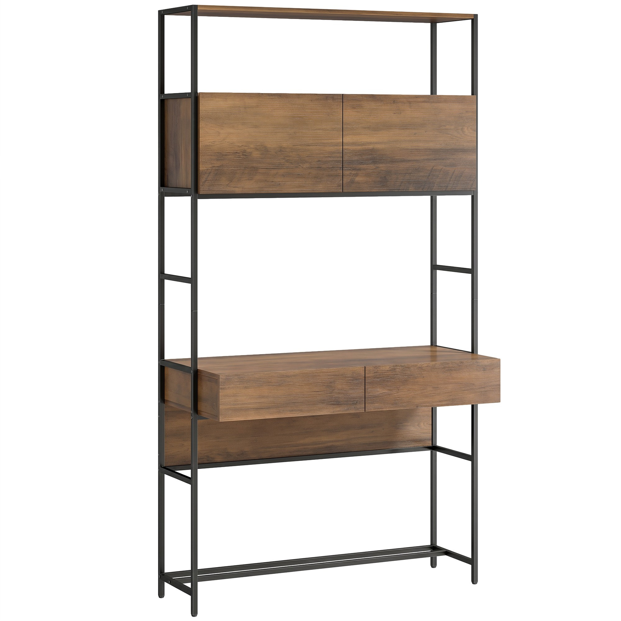 Scrivania per computer con ripiani e 2 cassetti, marrone, 185 cm