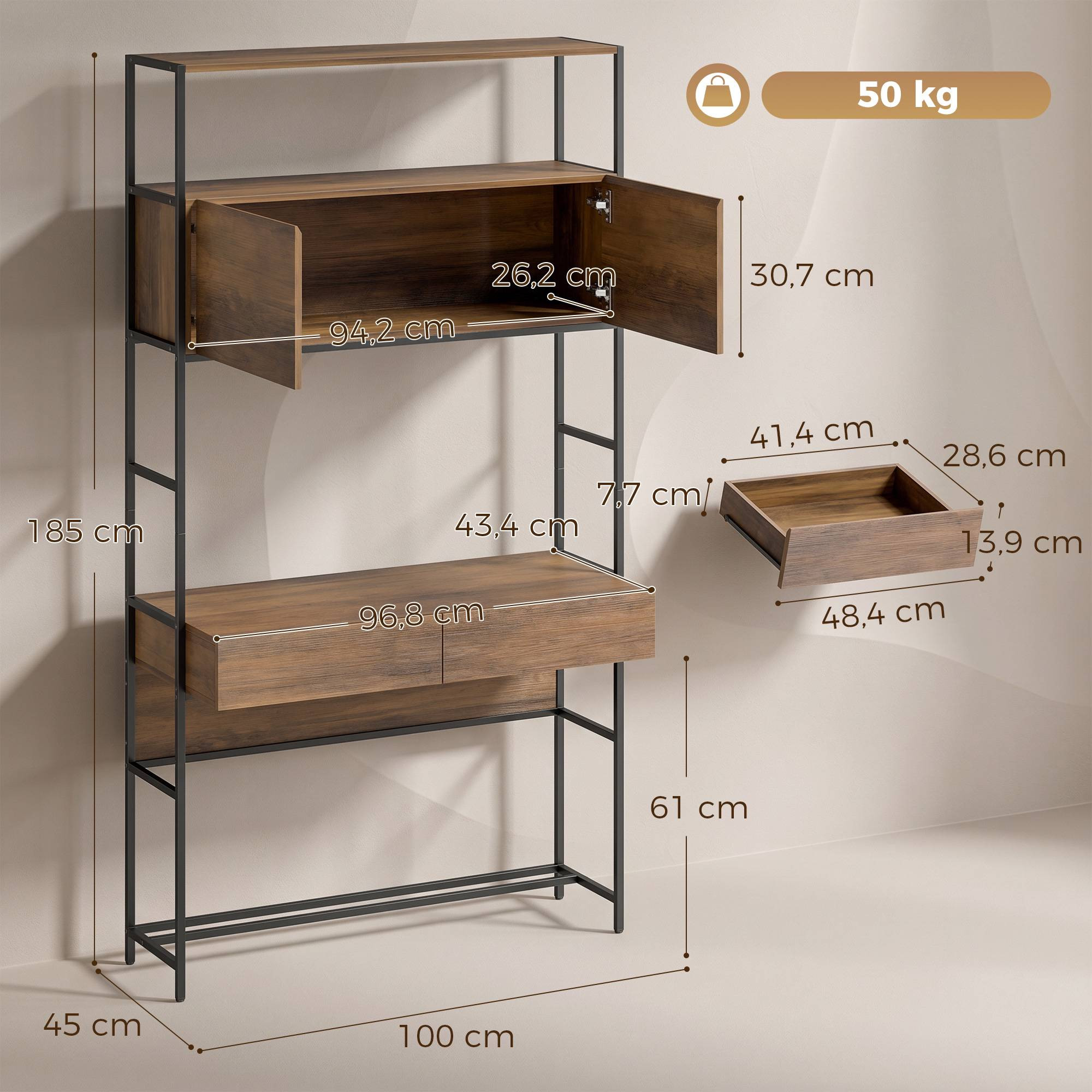 Mesa de computador com prateleiras e 2 gavetas, marrom, 185 cm