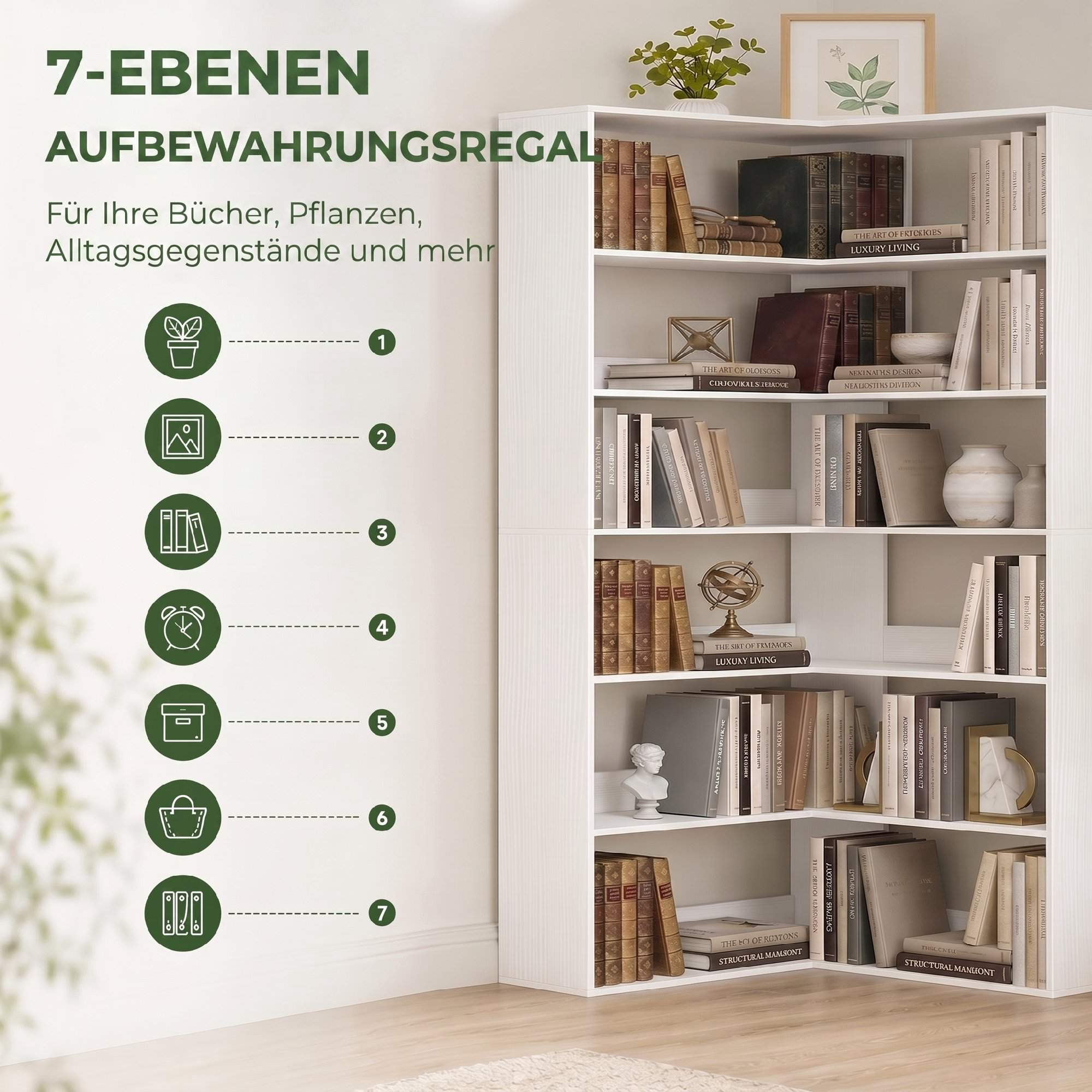 L-förmiges Eckregal, 7-stufig, weiße Holzoptik
