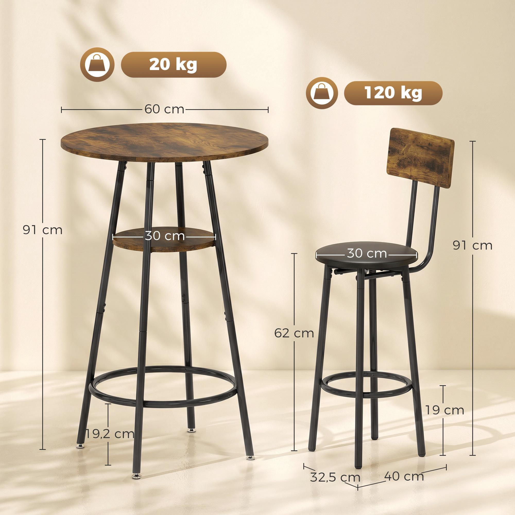Industrial Bar Table Set, 2 Padded Stools, Shelf, Rustic Brown