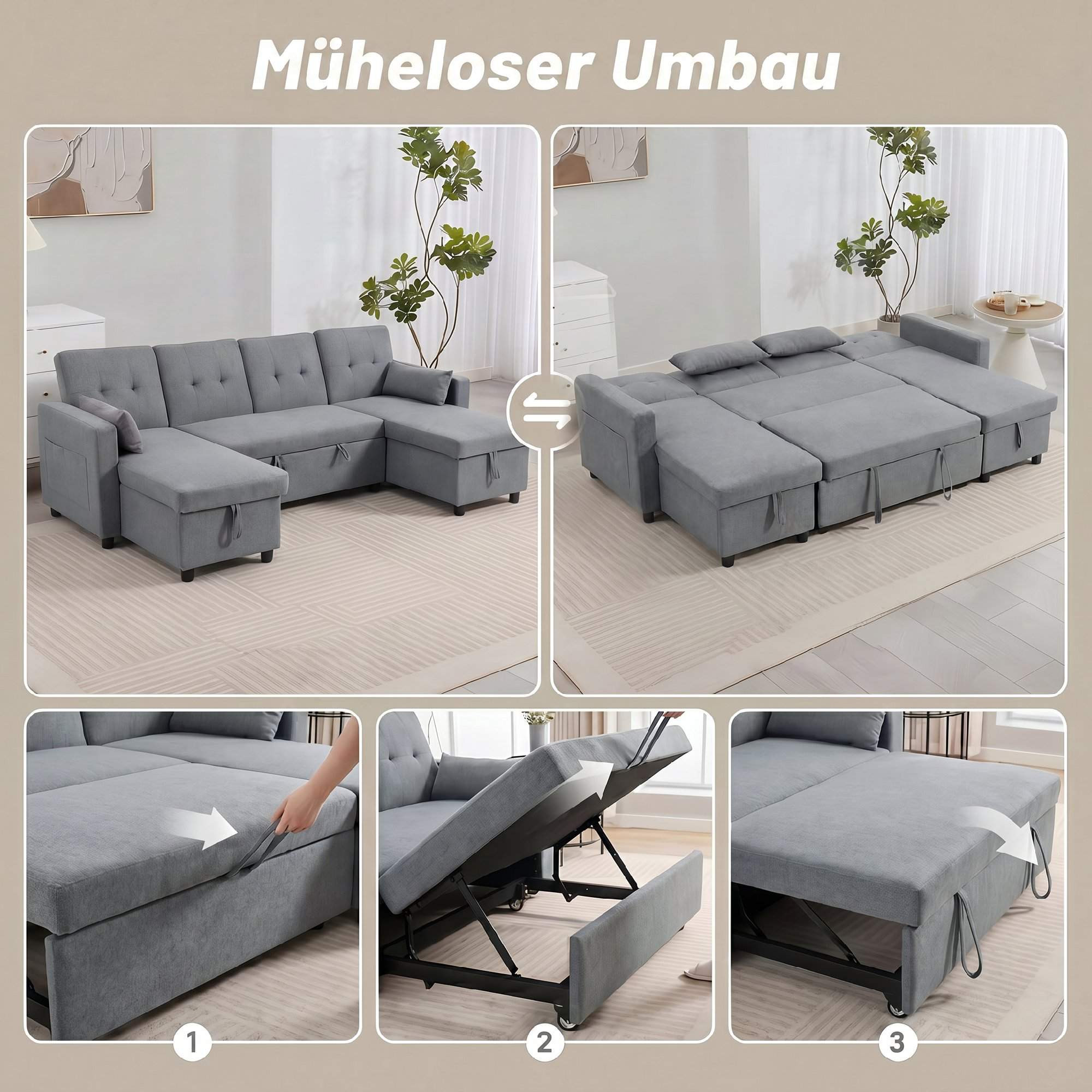 U-Shaped Sleeper Sectional Sofa, 4-Seater, Storage, Grey