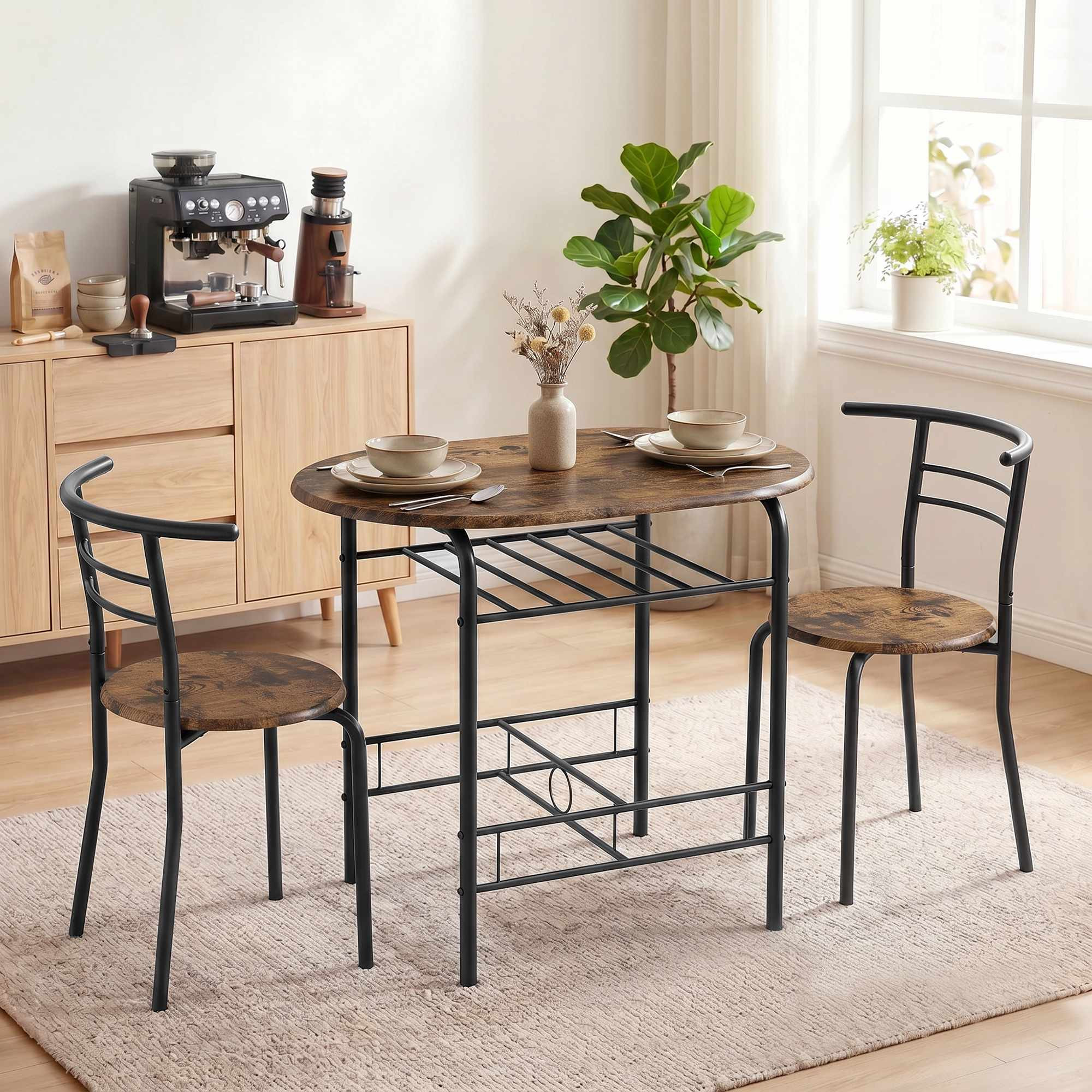 3-Piece Dining Table Set for 2, Shelf, Rustic Brown