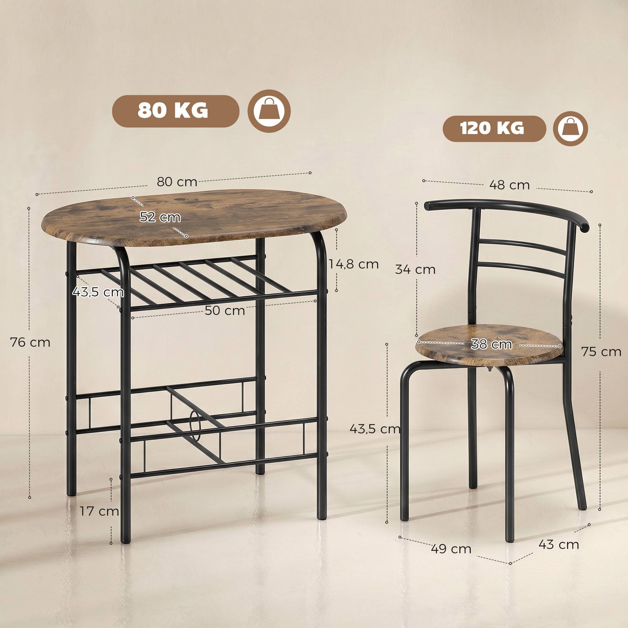 3-Piece Dining Table Set for 2, Shelf, Rustic Brown