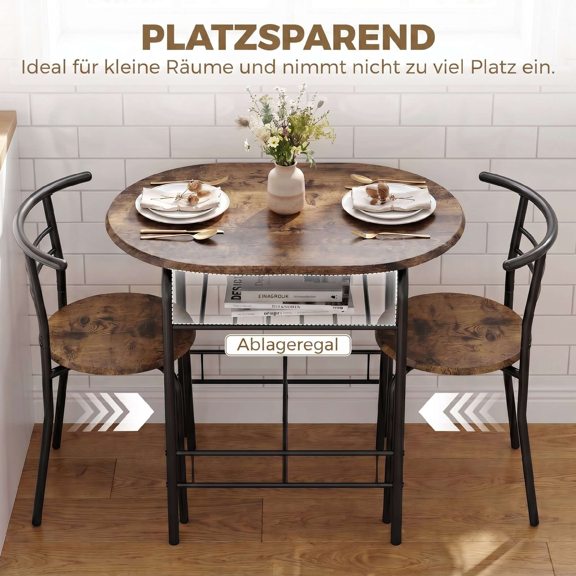 3-Piece Dining Table Set for 2, Shelf, Rustic Brown