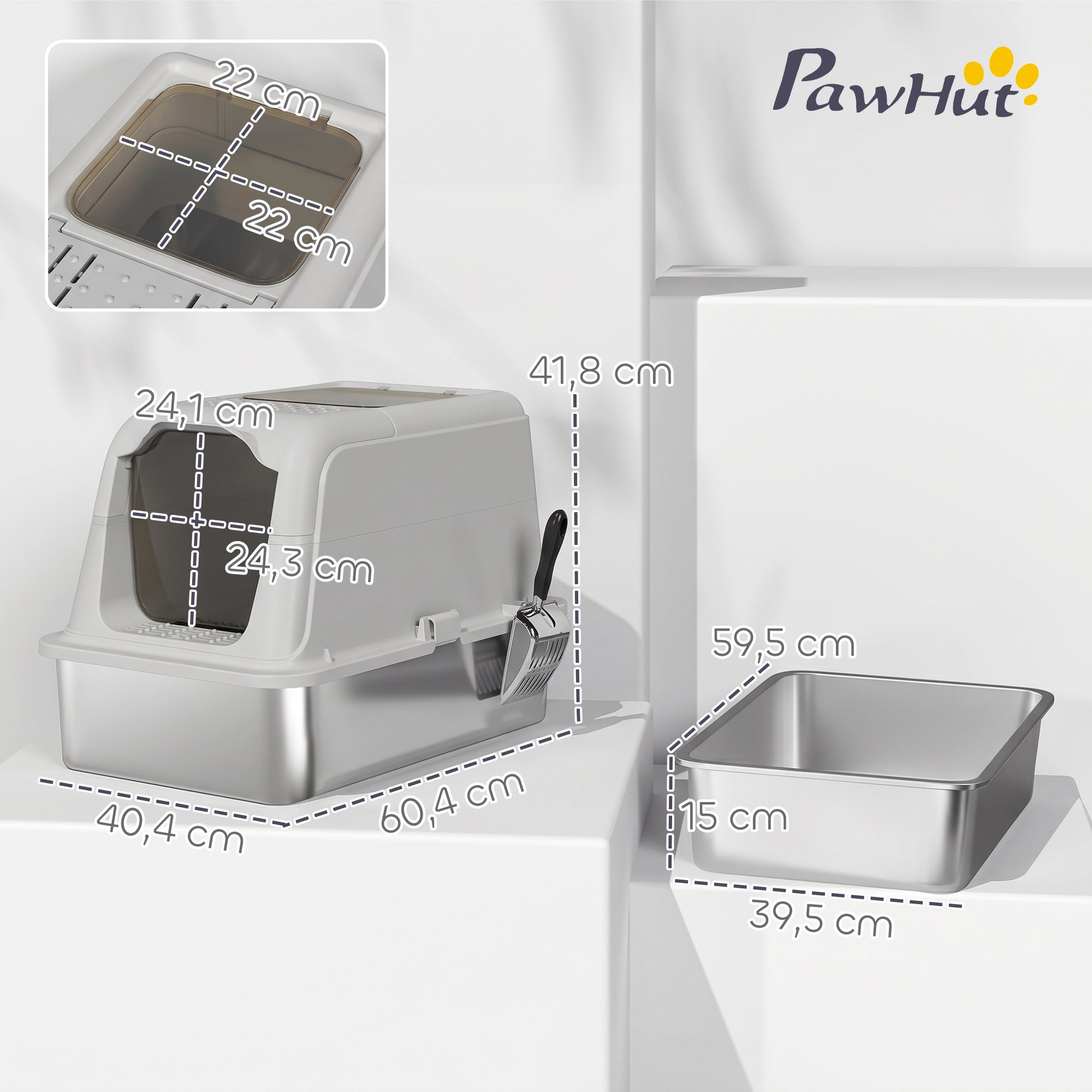 Covered Cat Litter Box, Stainless Tray, Front Entry, Top Exit