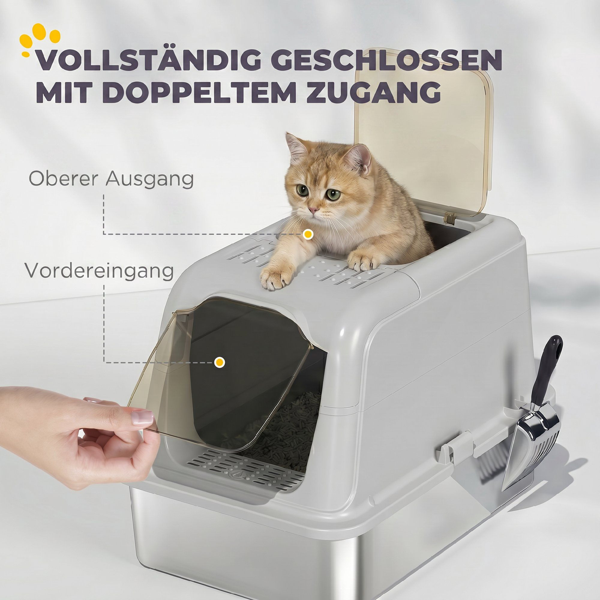 Covered Cat Litter Box, Stainless Tray, Front Entry, Top Exit