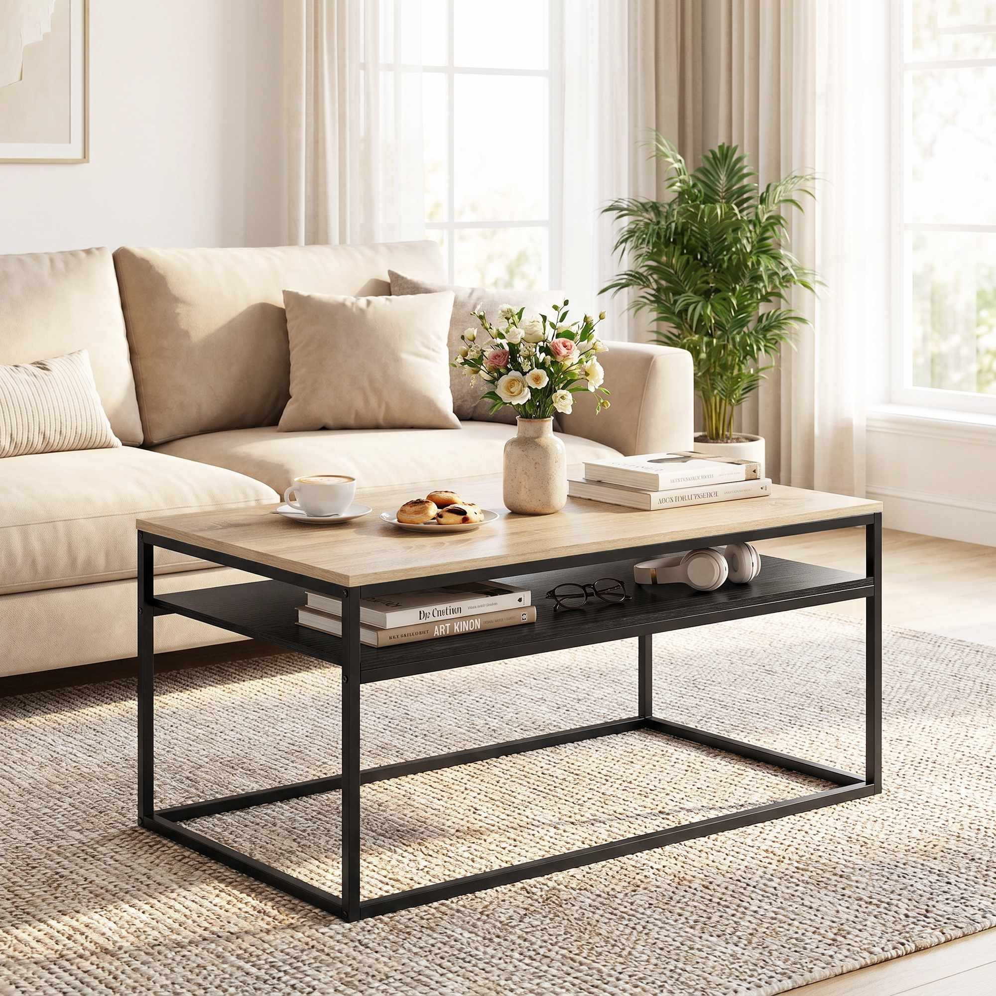 Couchtisch mit Ablage, Eichenoptik und Schwarz, 100 cm