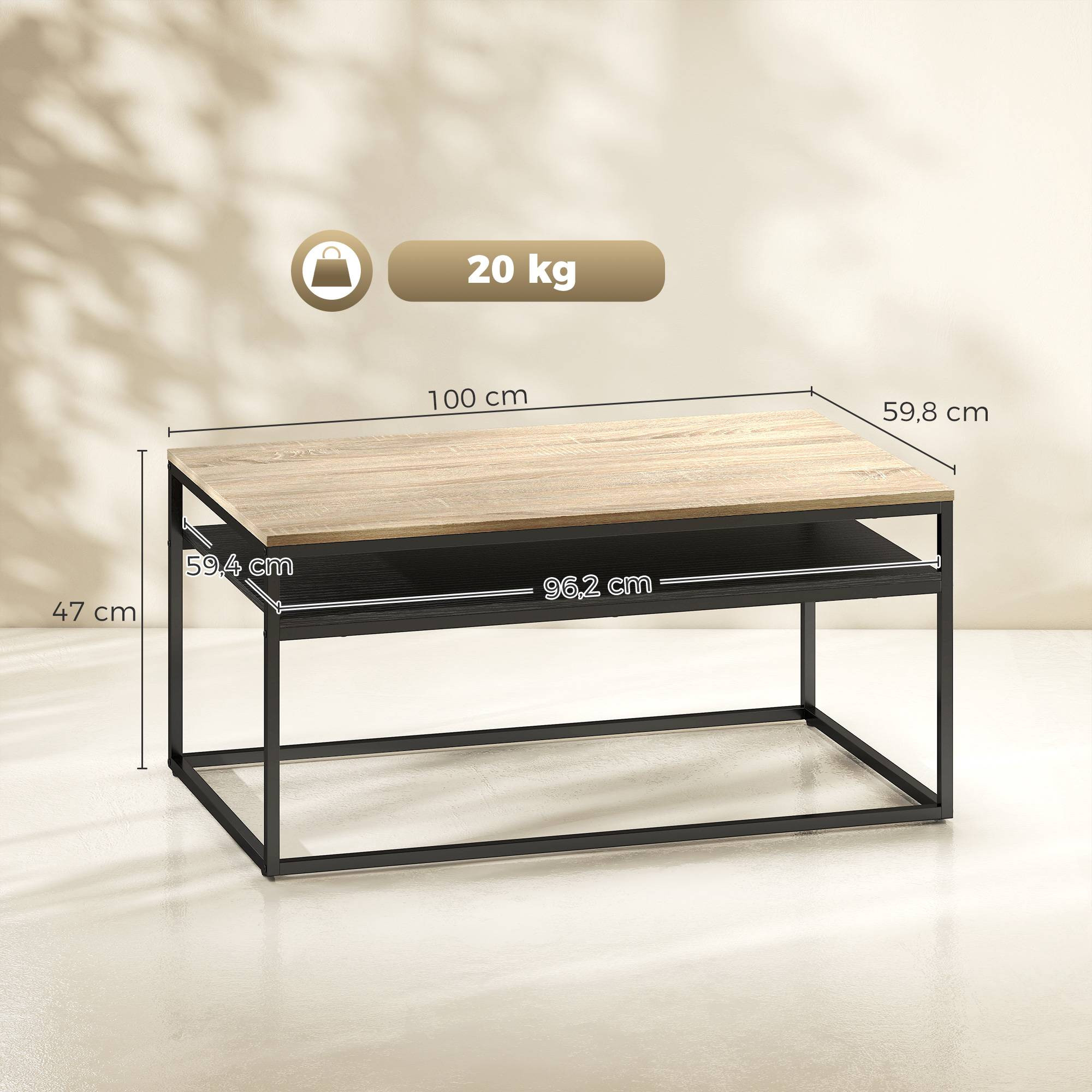 Couchtisch mit Ablage, Eichenoptik und Schwarz, 100 cm
