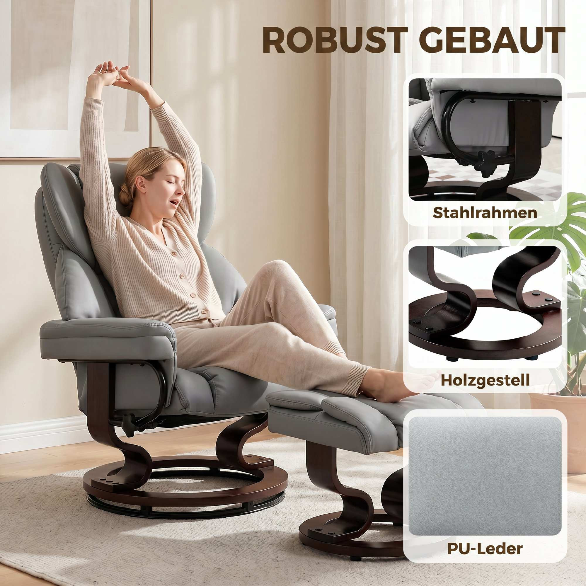 Drehsessel mit Hocker, PU-Leder, Hellgrau
