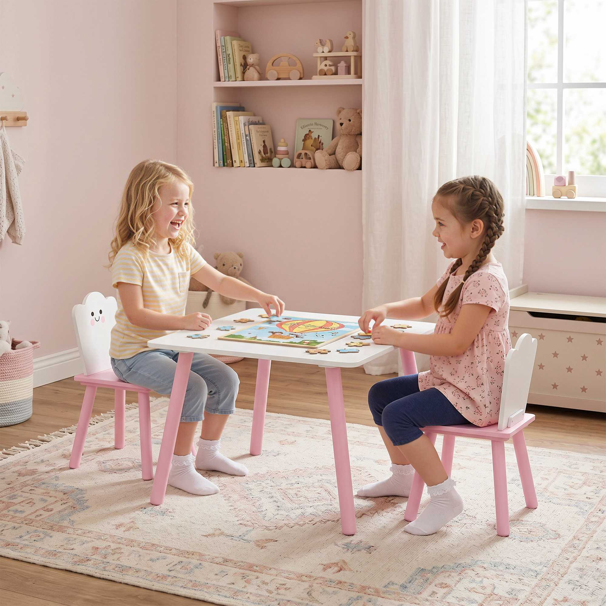 Conjunto de mesa e cadeiras infantis, 3 peças, rosa e branco
