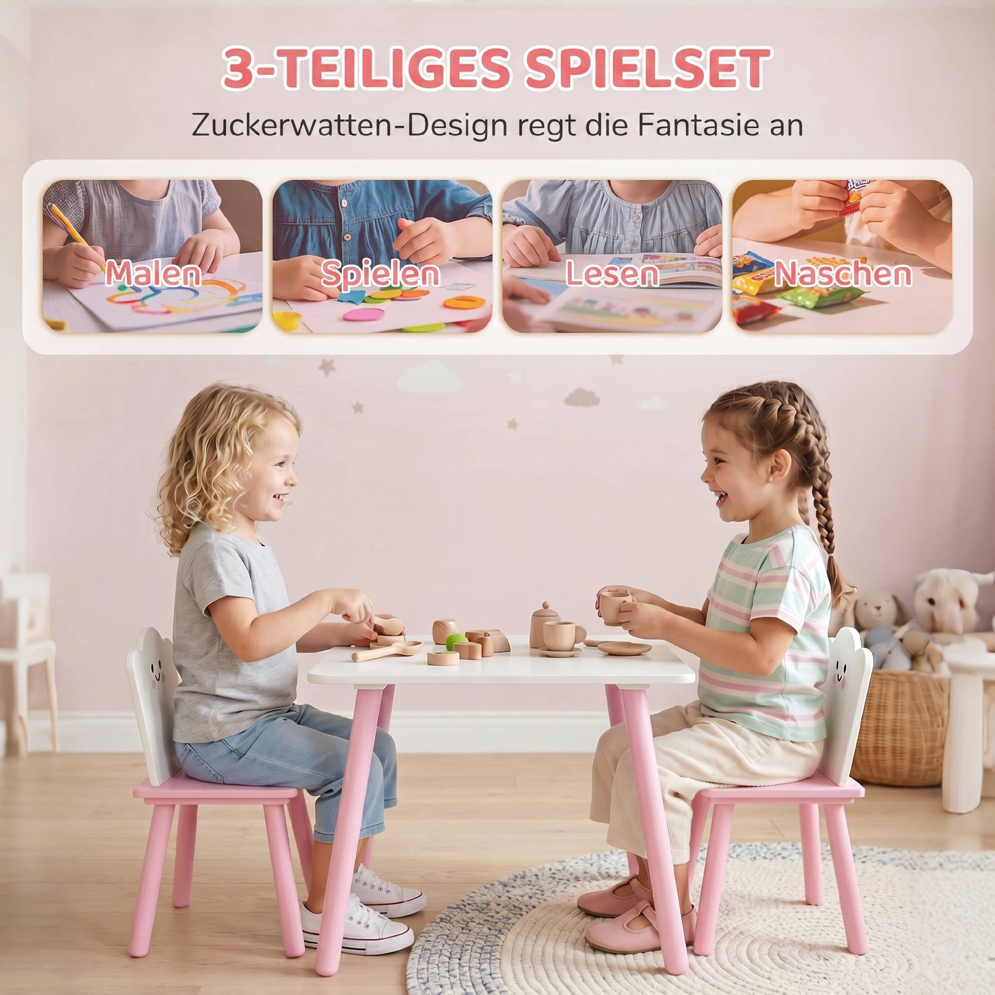 Conjunto de mesa e cadeiras infantis, 3 peças, rosa e branco