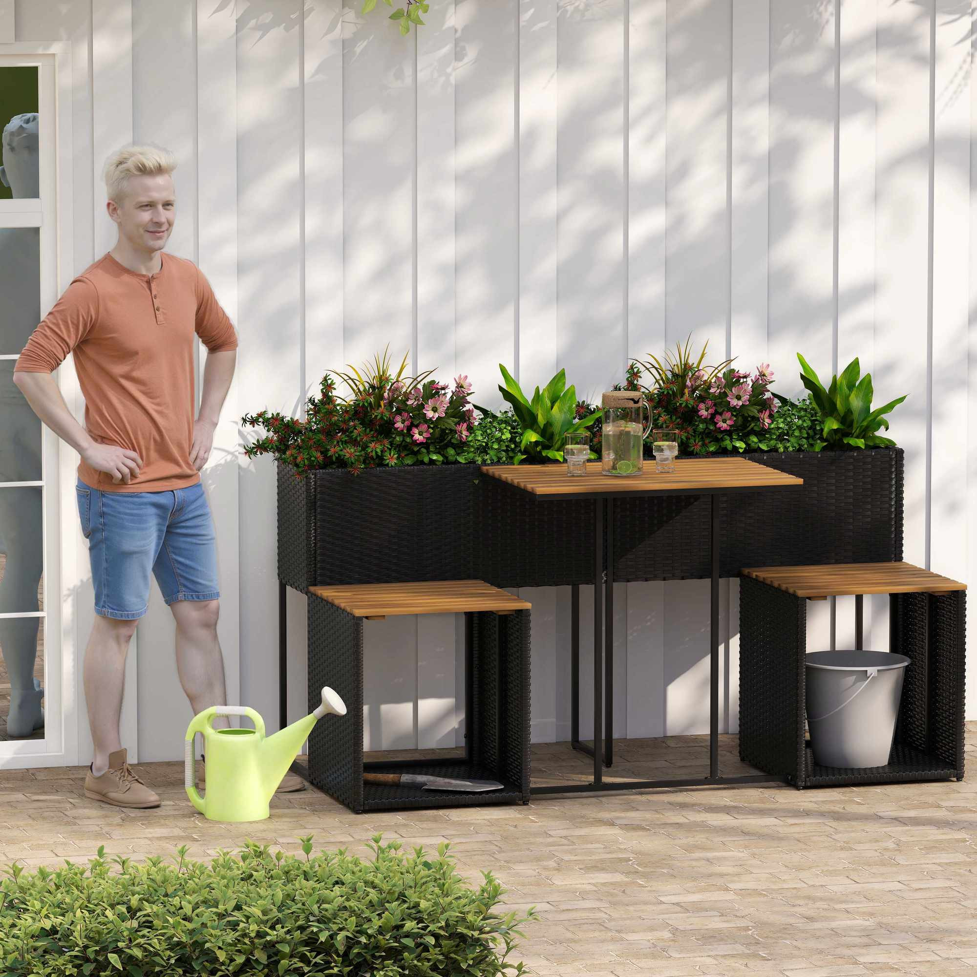 Gartenmöbelset mit Hochbeet, Schwarz