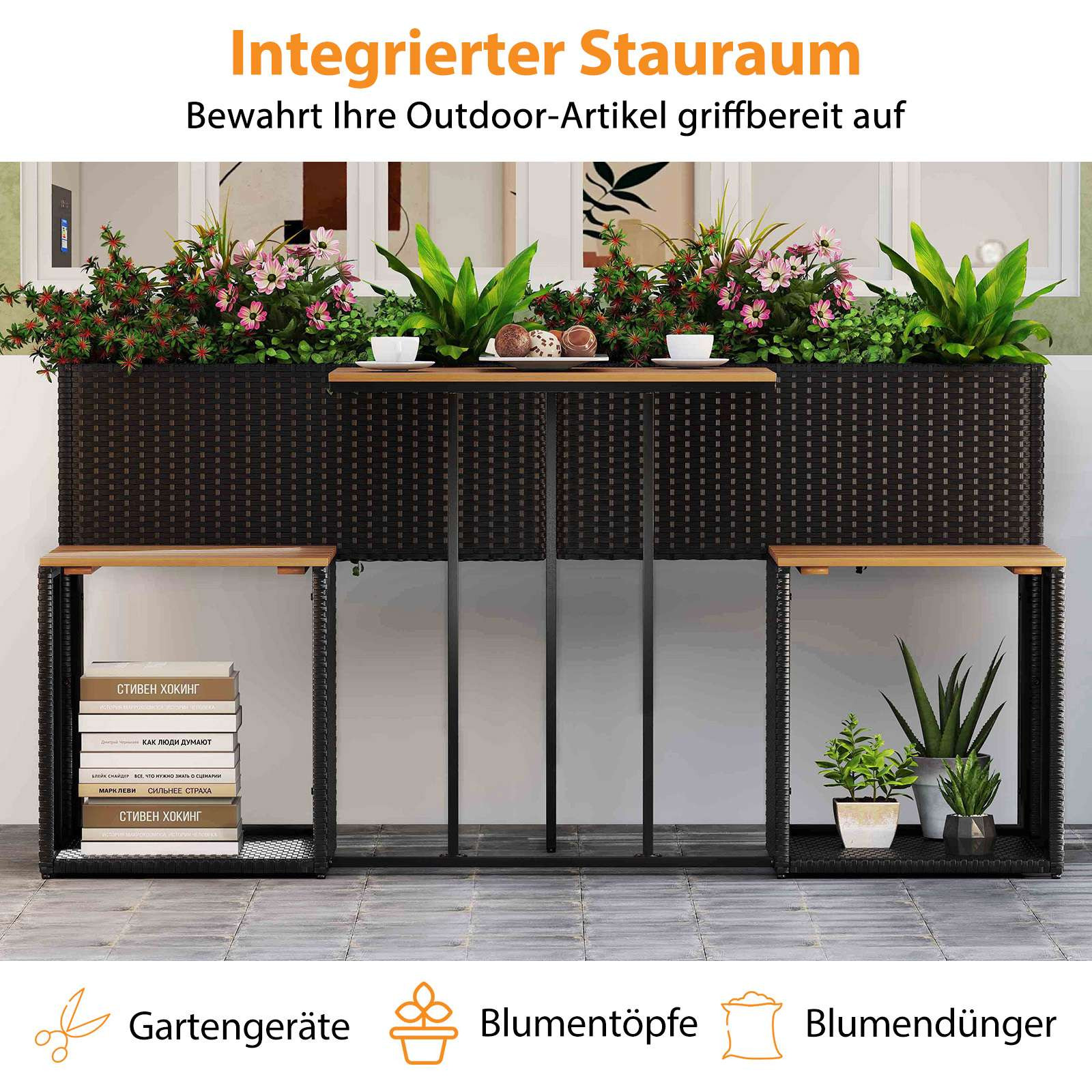Gartenmöbelset mit Hochbeet, Schwarz