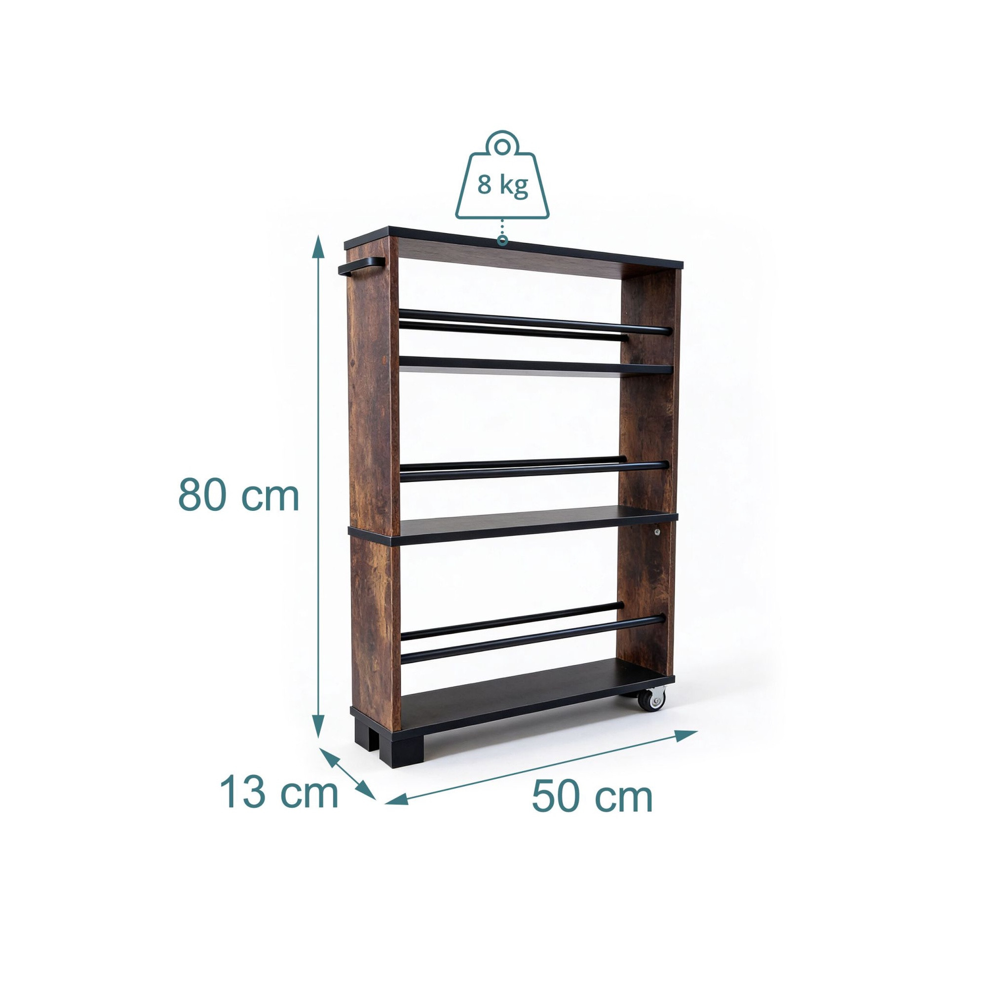 Slanke trolley met 3 etages, houtnerfstructuur en handgreep.