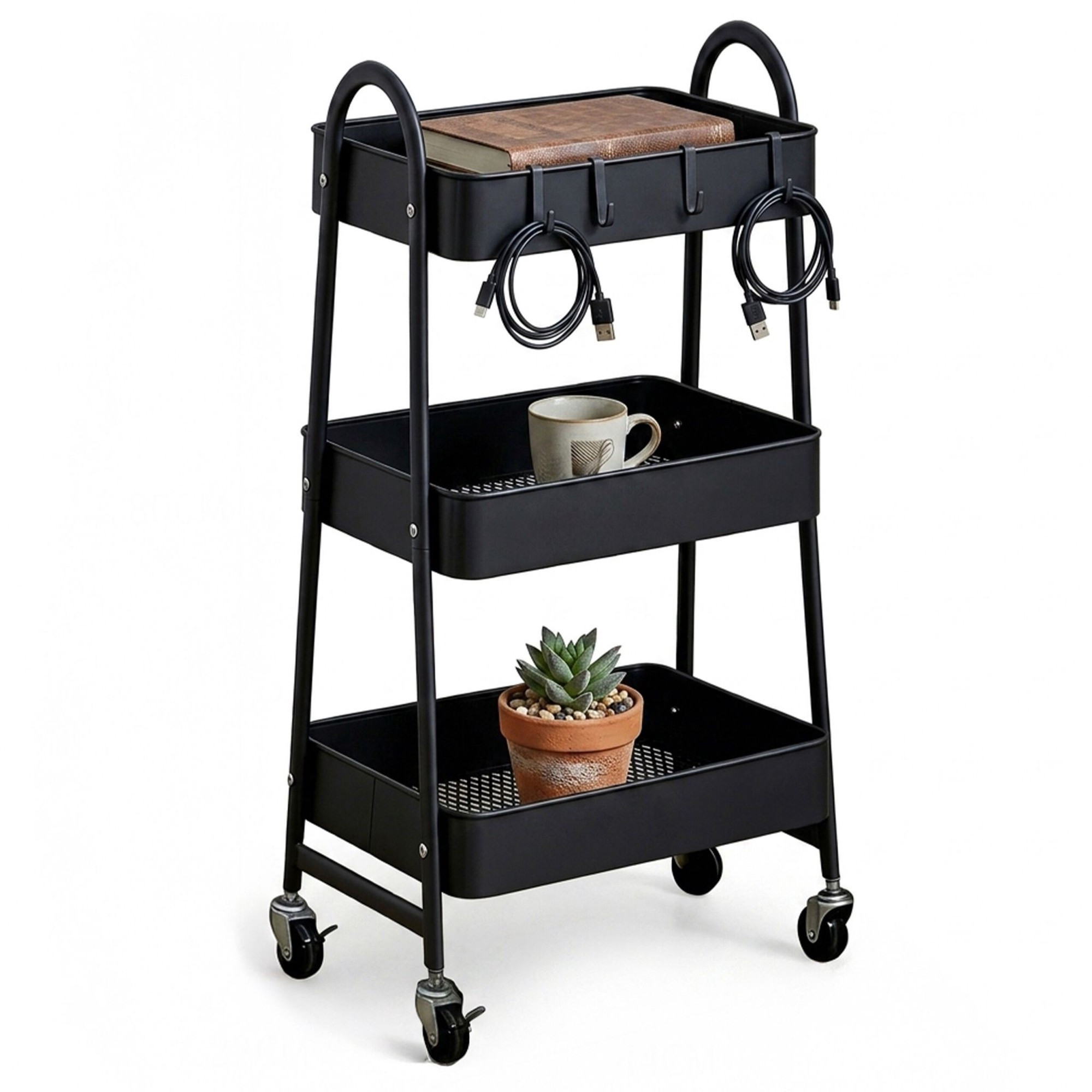 3-Tier Black Storage Trolley with Hooks & Wheels