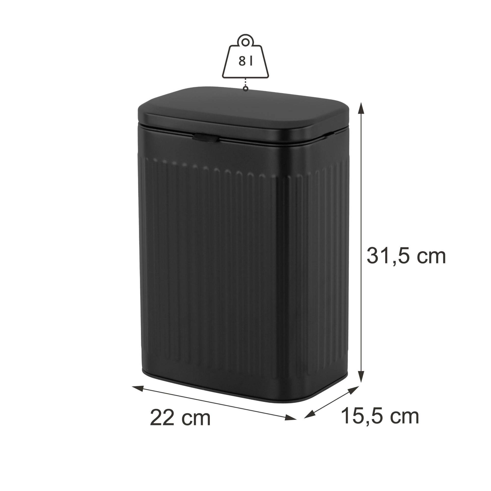 Wall-Mounted Black Waste Bin, 8L Capacity