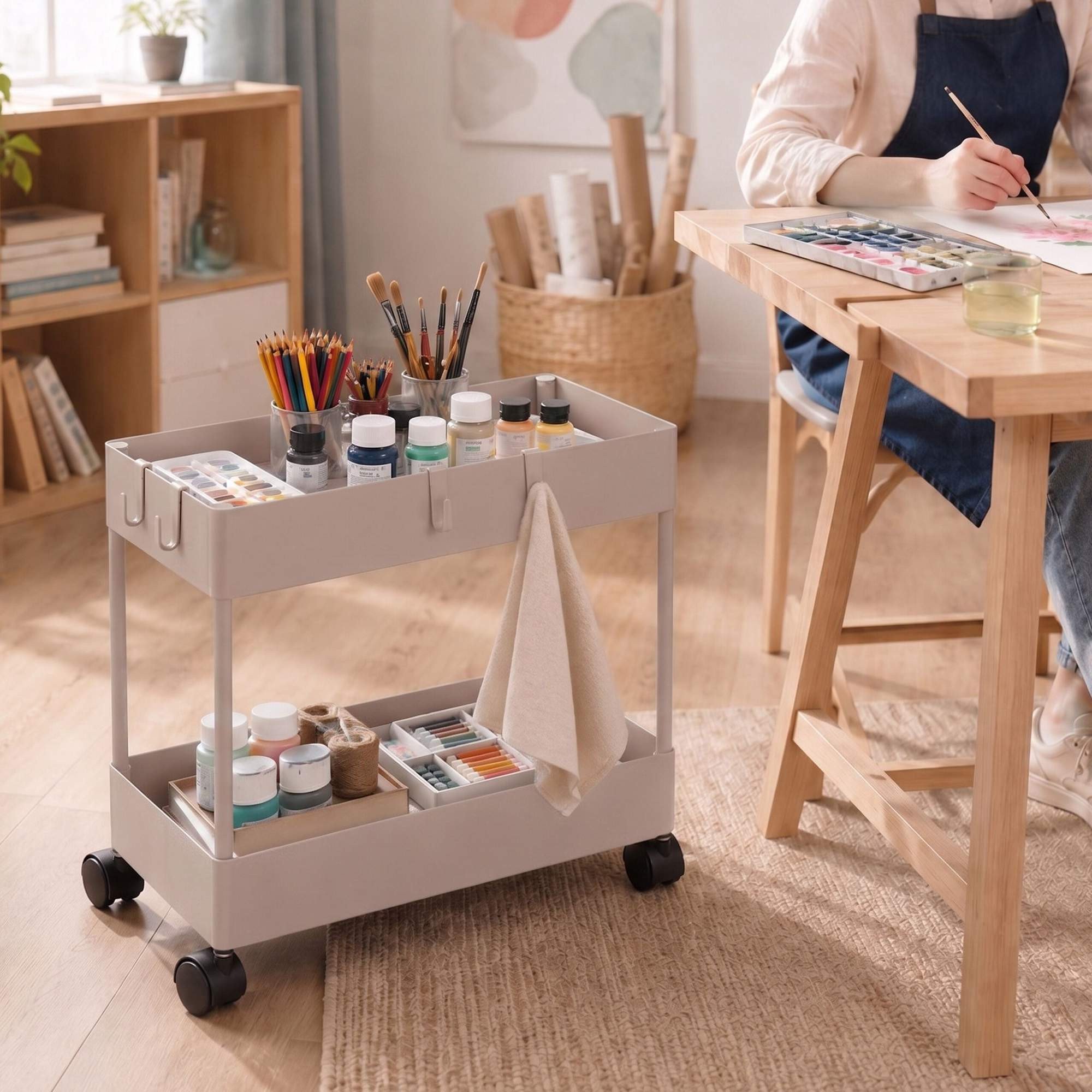 2-Tier Serving Trolley with Wheels, Beige