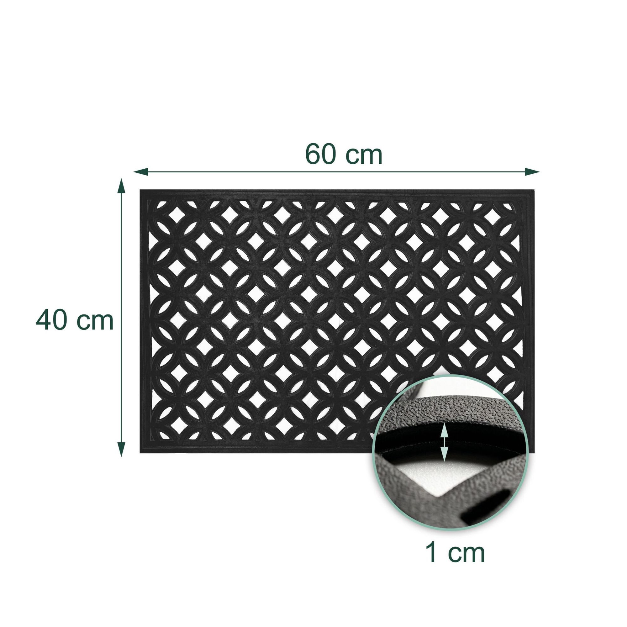 Black Rubber Doormat, Geometric Pattern, 60x40 cm