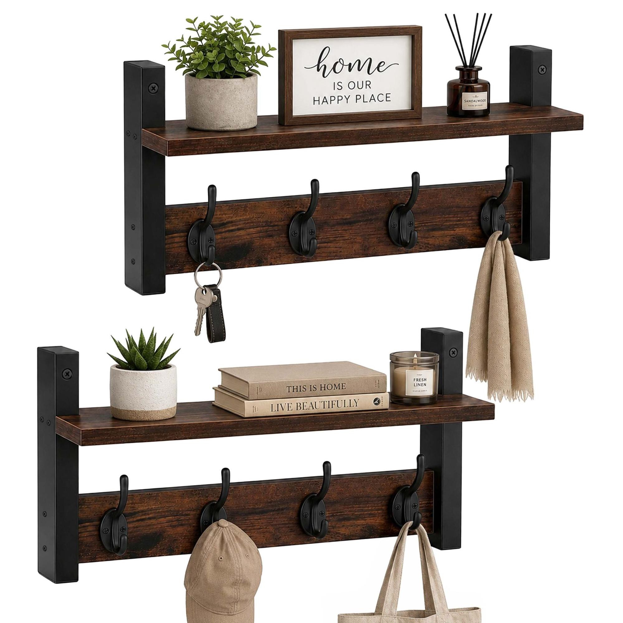 Conjunto de 2 Cabides de Parede, MDF Marrom e Ferro