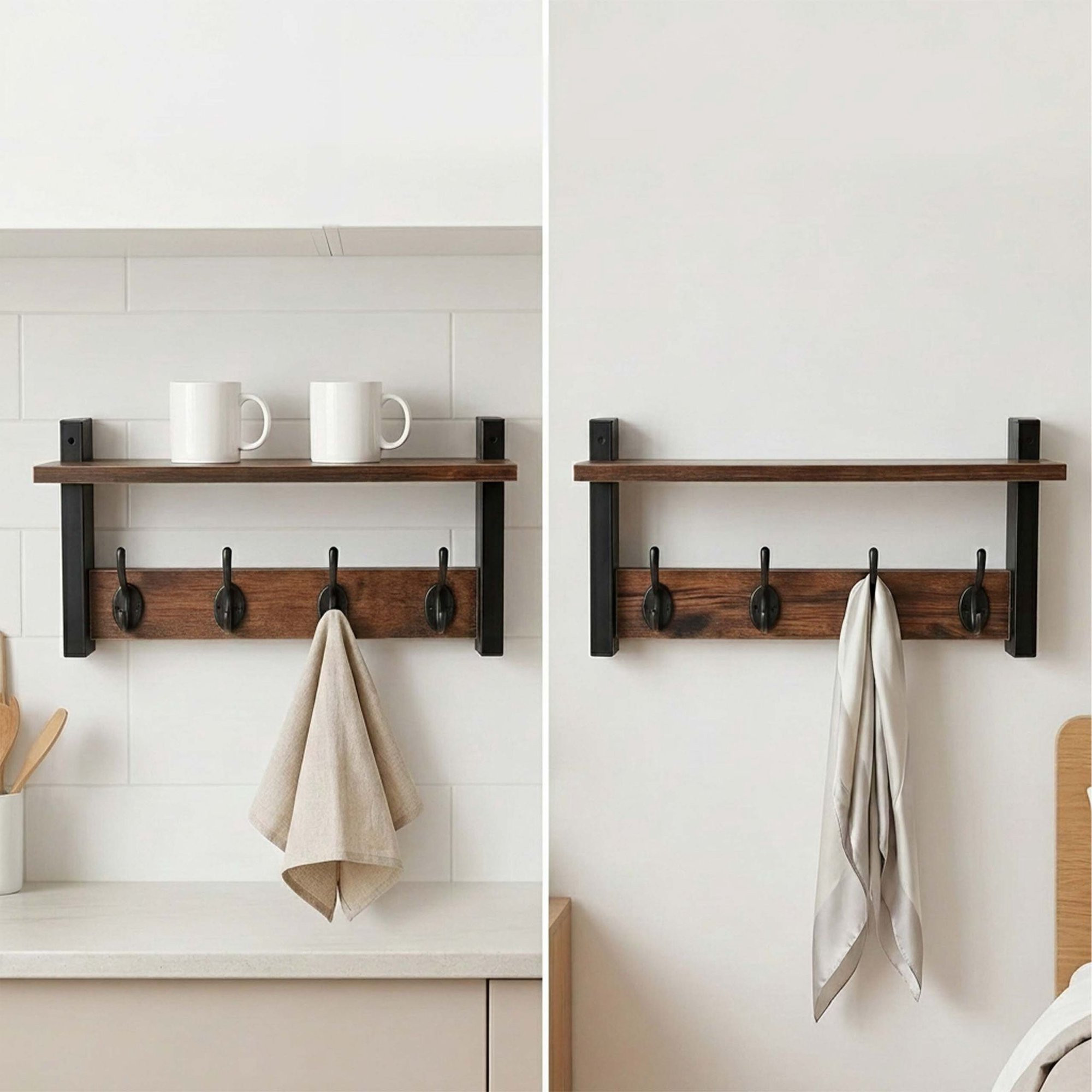 Conjunto de 2 Cabides de Parede, MDF Marrom e Ferro