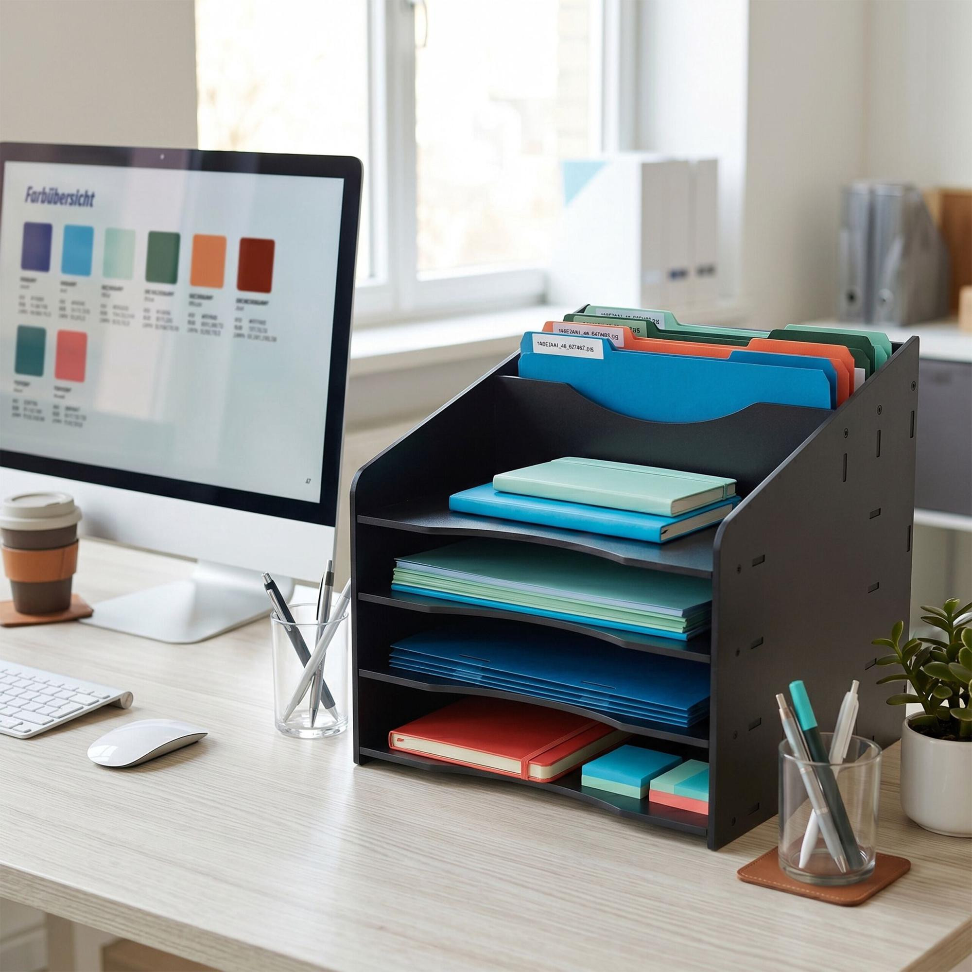 Trieur de documents A4, 6 compartiments, MDF, noir