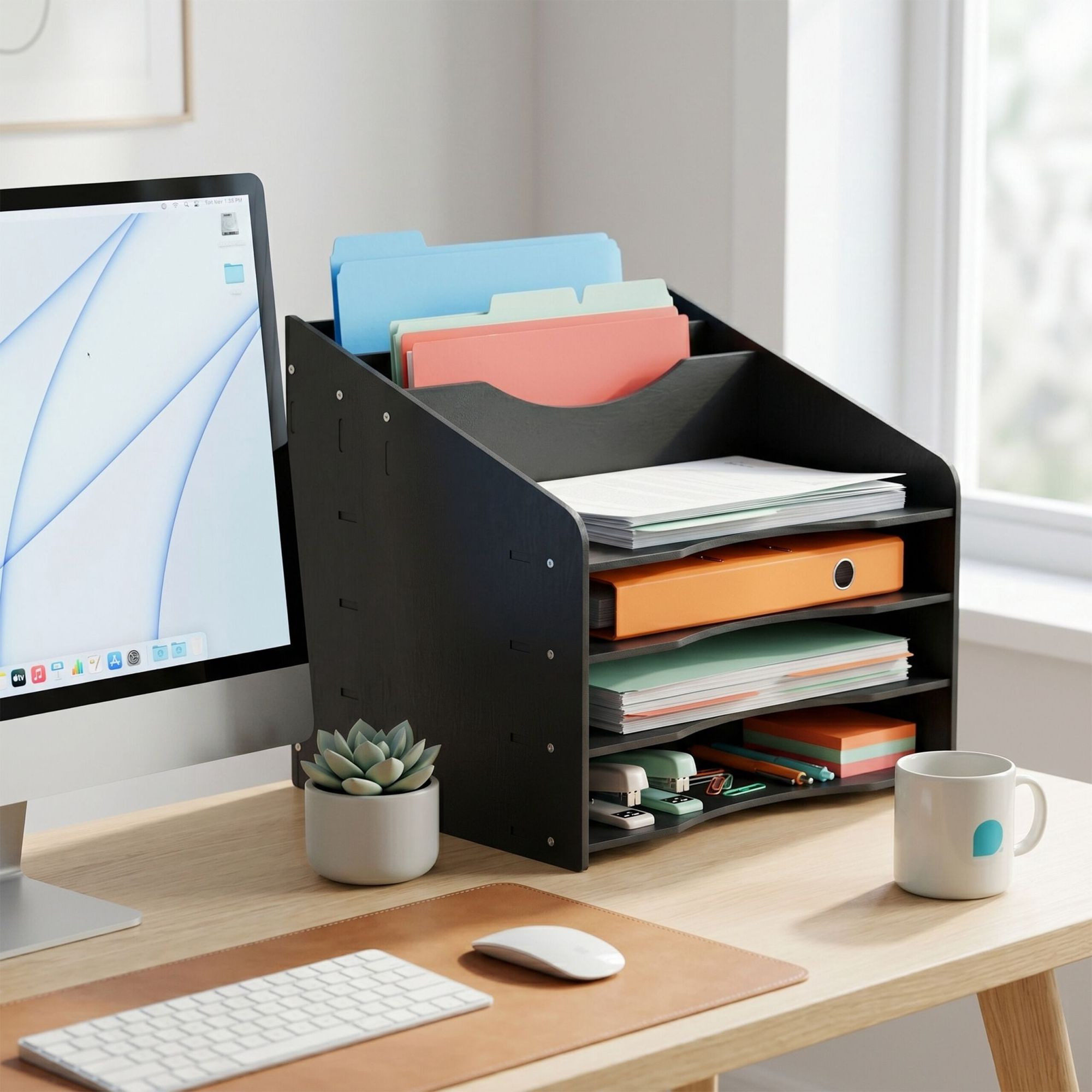 Trieur de documents A4, 6 compartiments, MDF, noir