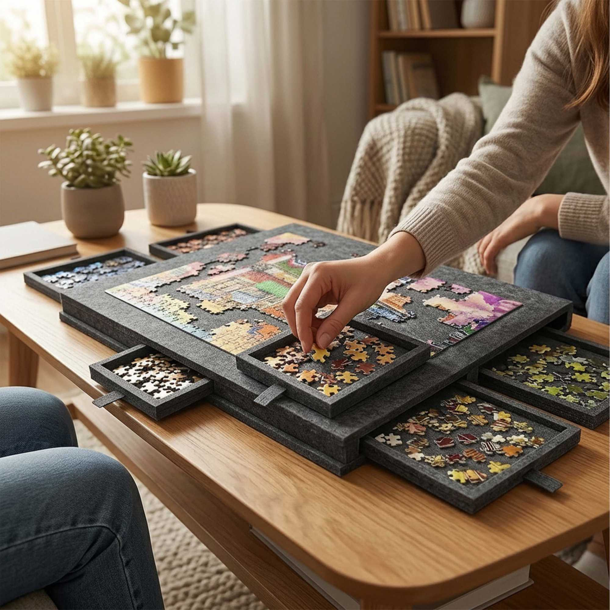 Filzpuzzlebrett mit 6 Schubladen, Hellgrau