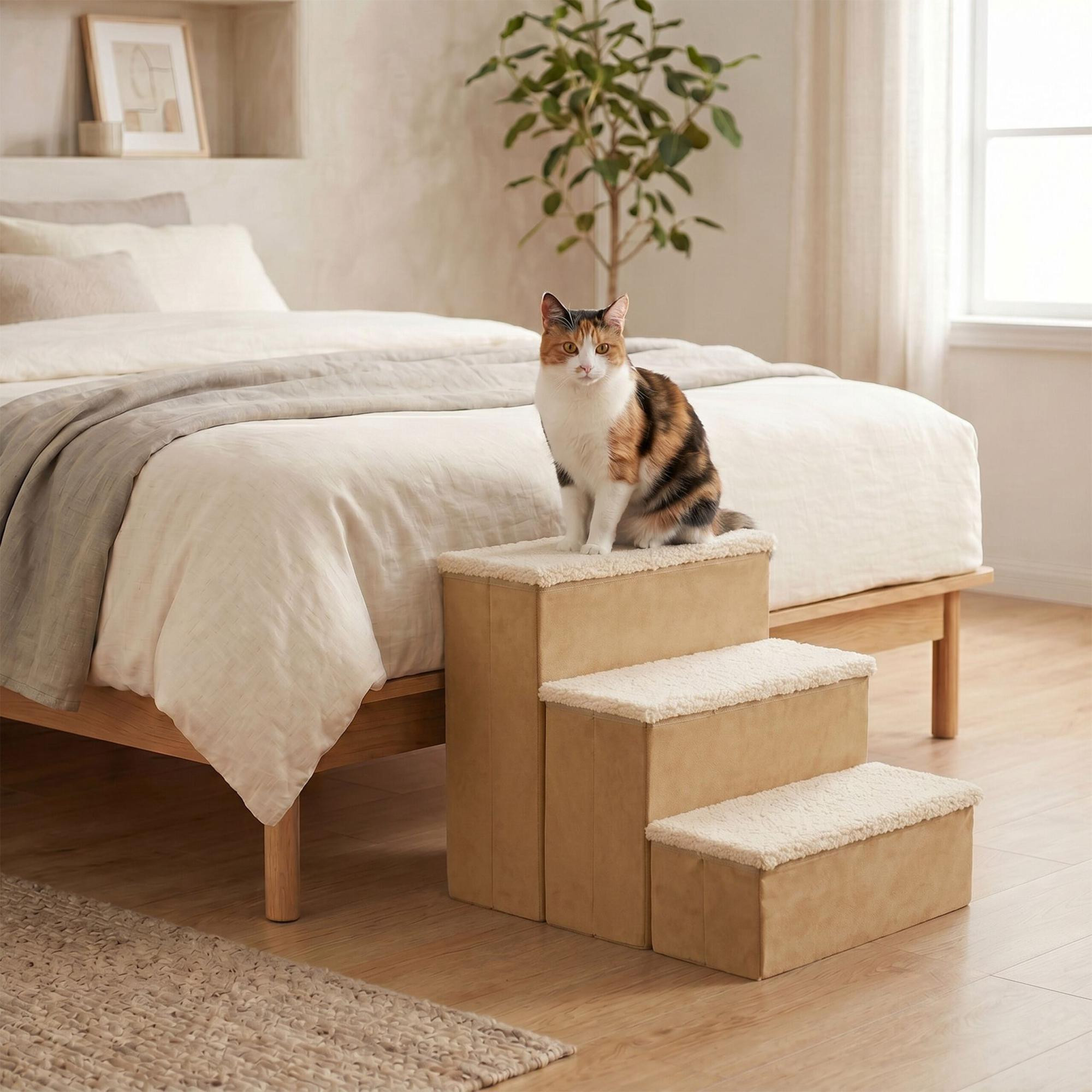 Foldable Dog Steps with Storage, Beige, Medium