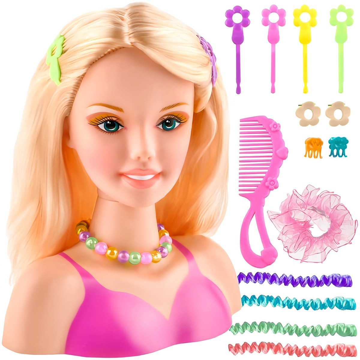 Cabeça modeladora com escovas e grampos de cabelo