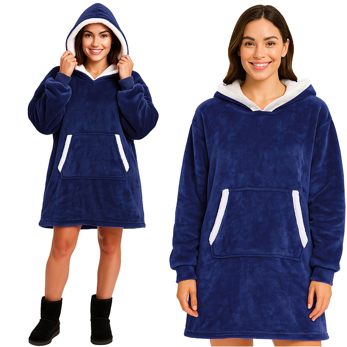 Moletom oversized azul marinho com capuz e bolso.