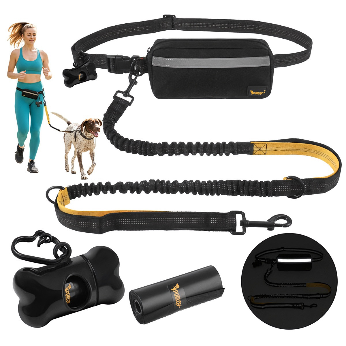 Cinto de corrida para cães com guia, acolchoado e refletor.