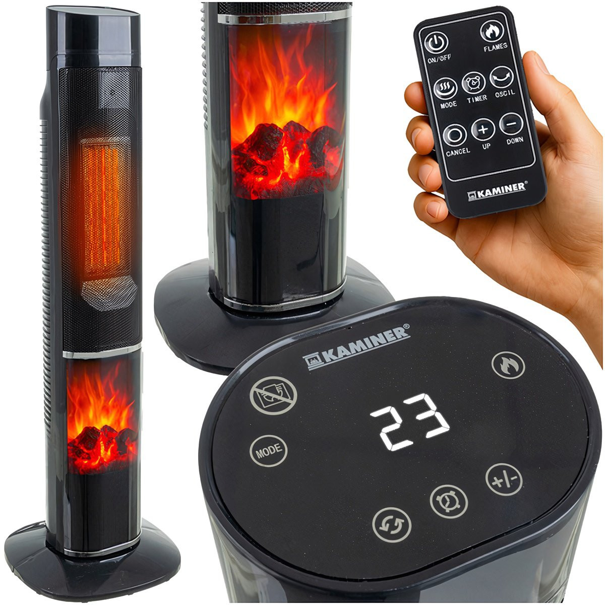 Electric Column Heater, 2000W, Fireplace Effect, Remote