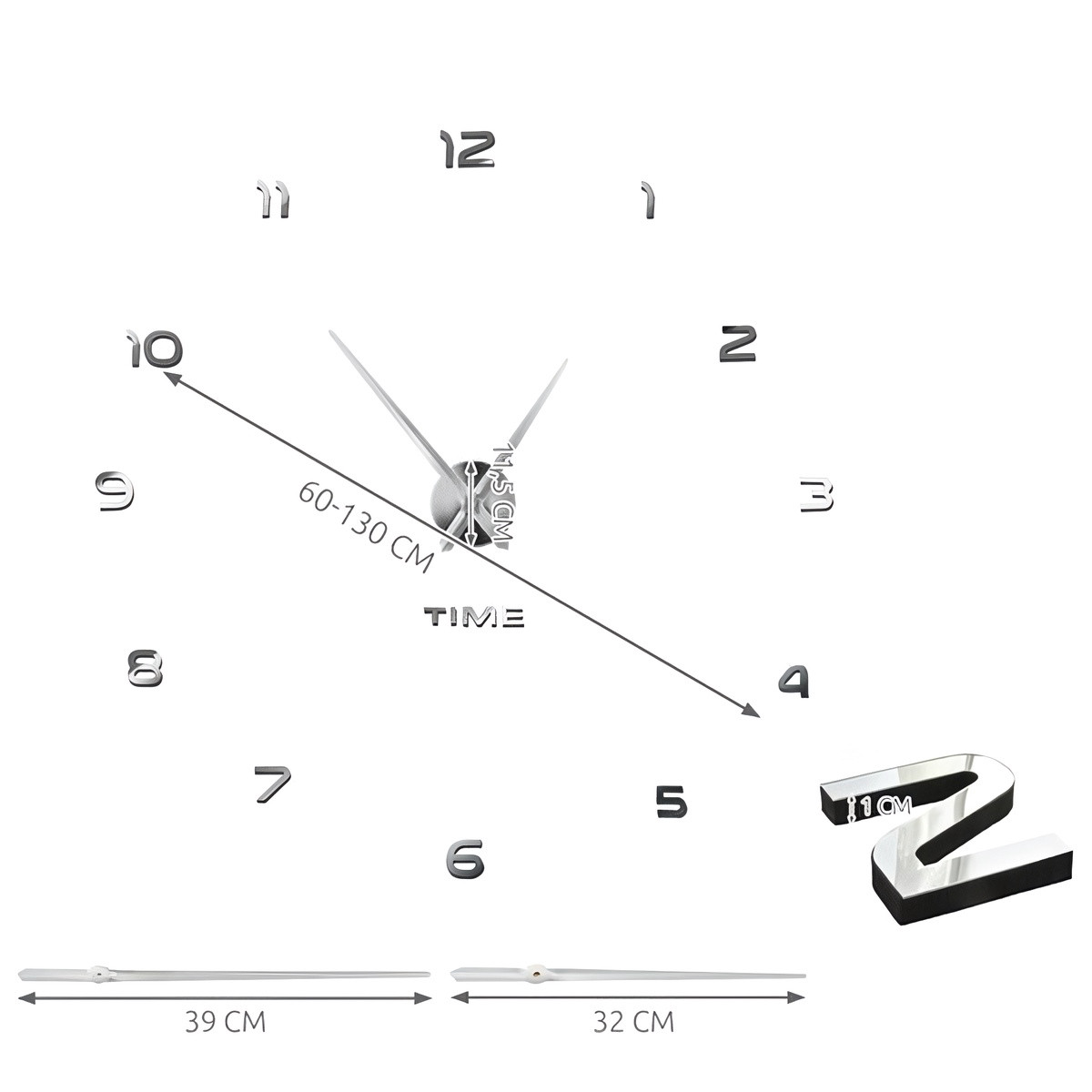 Adjustable DIY Wall Clock 3D Effect Silent 60-130 cm