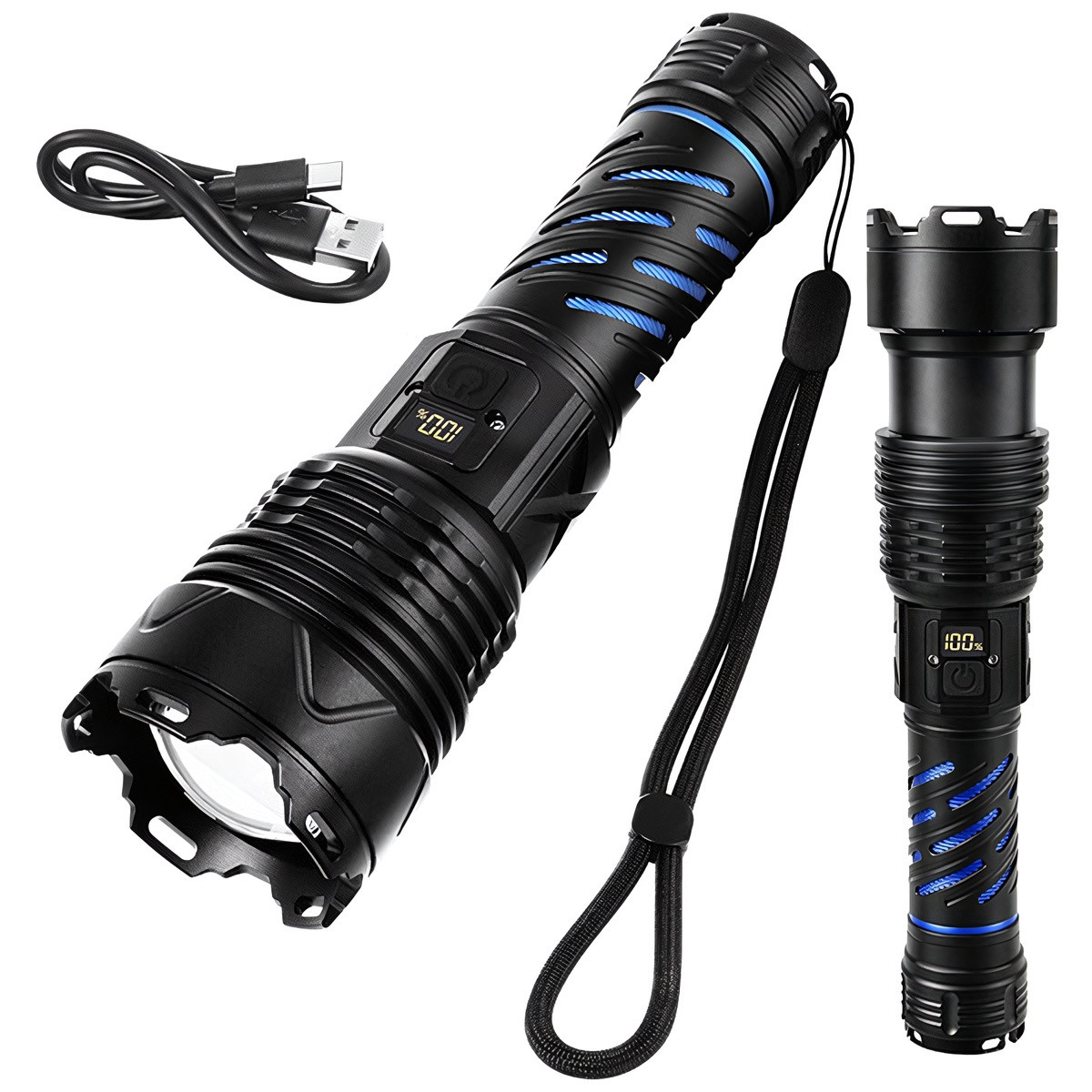Linterna táctica LED de 1500 lm, recargable e impermeable.
