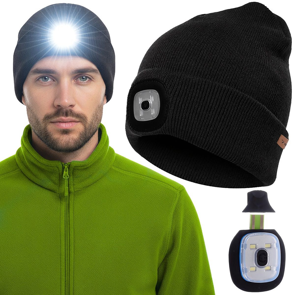 Black winter hat with built-in flashlight