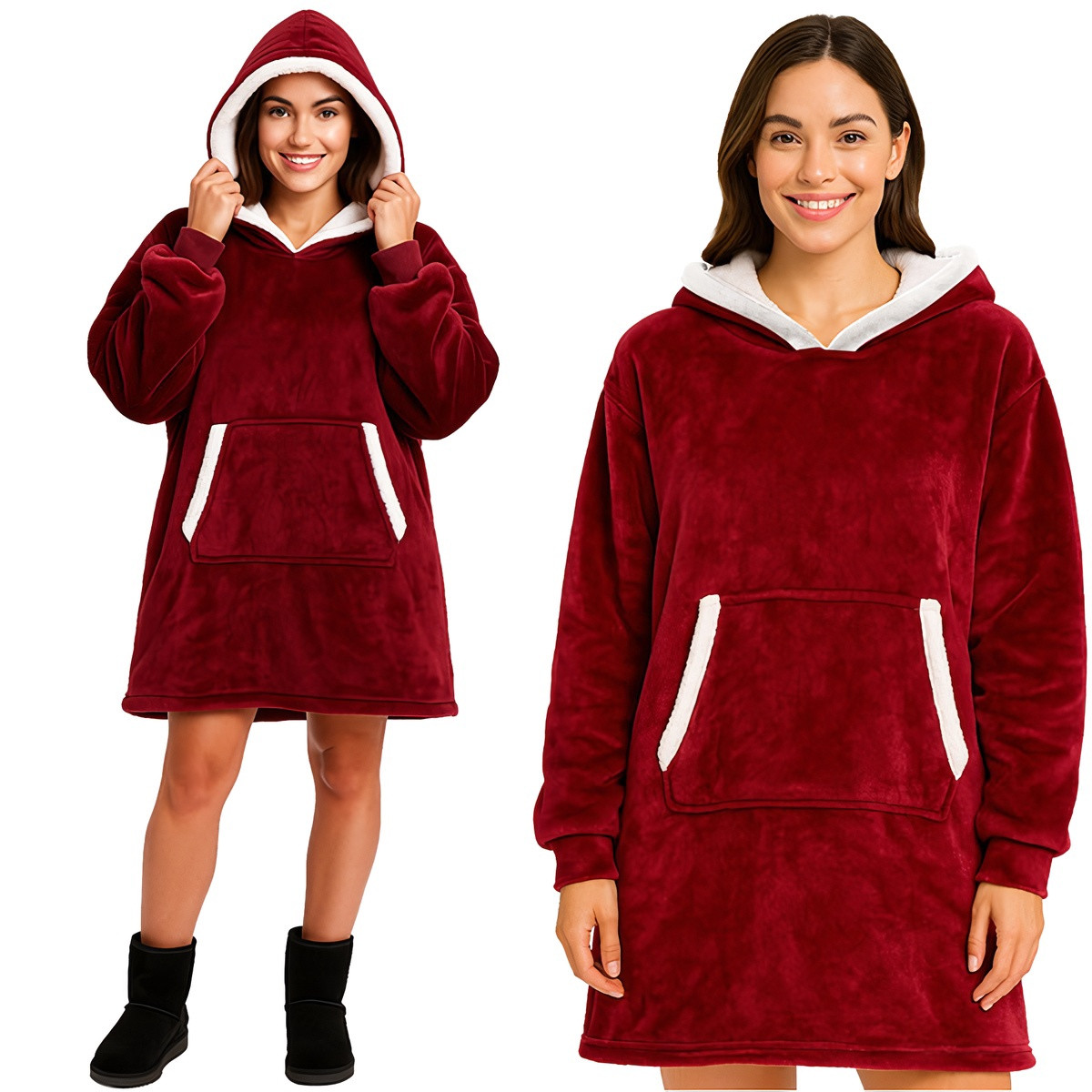 Moletom oversized vermelho com capuz e bolso.