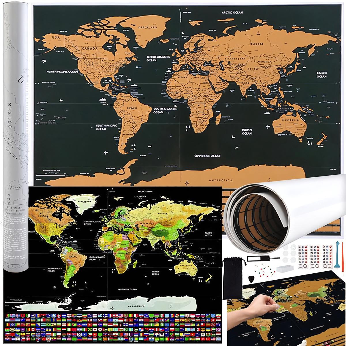 Scratch Map World com bandeiras e acessórios