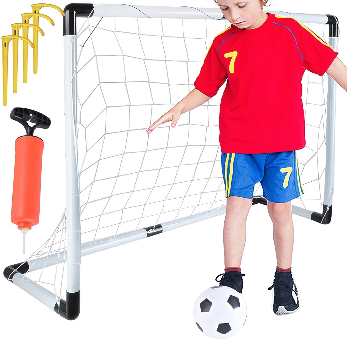 Porta da calcio con pallone e set pompa