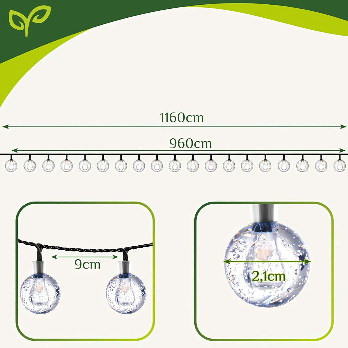 Solar-powered string light outdoor IP65 12m