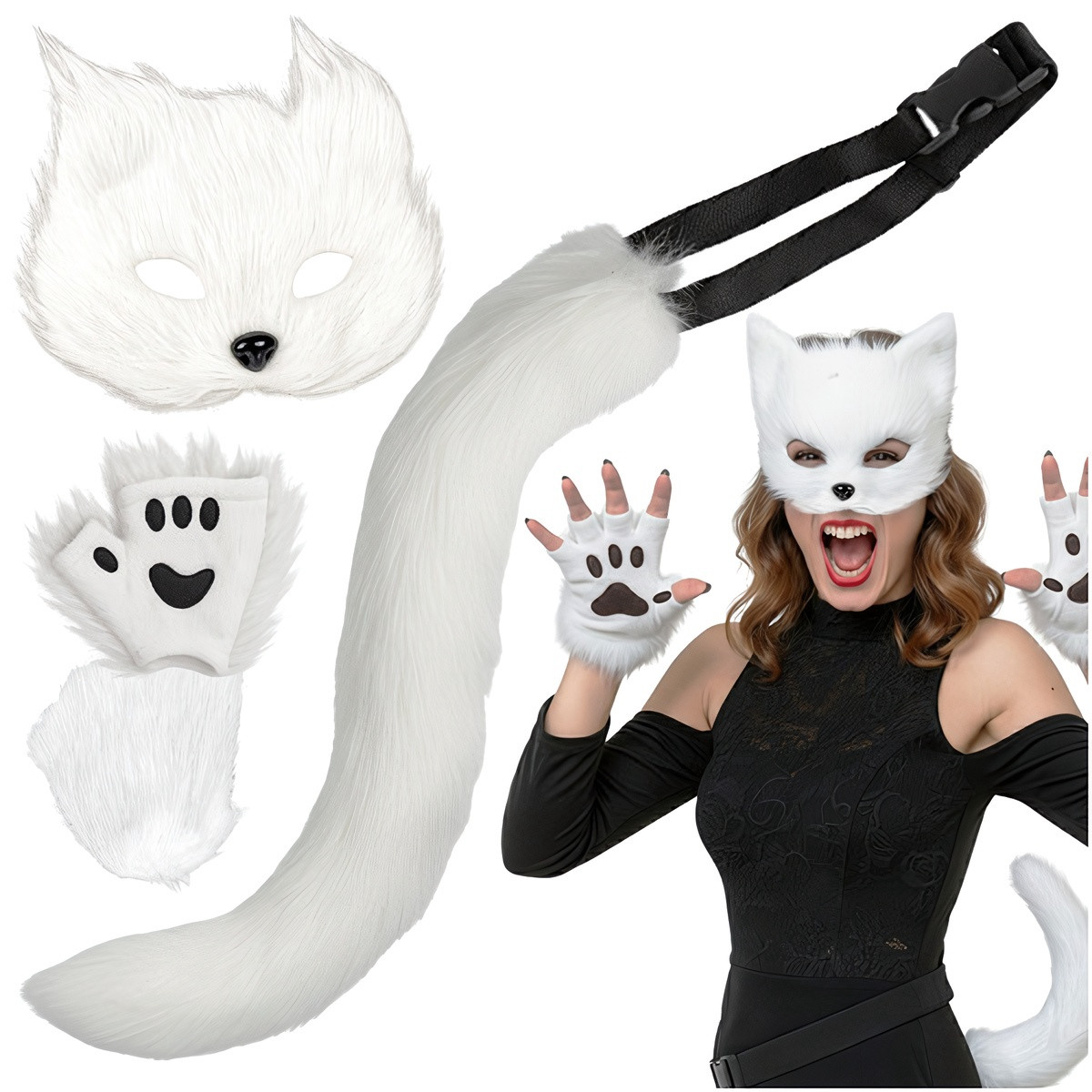 Ensemble de costume chat/renard 4 pièces, blanc, queue ajustable