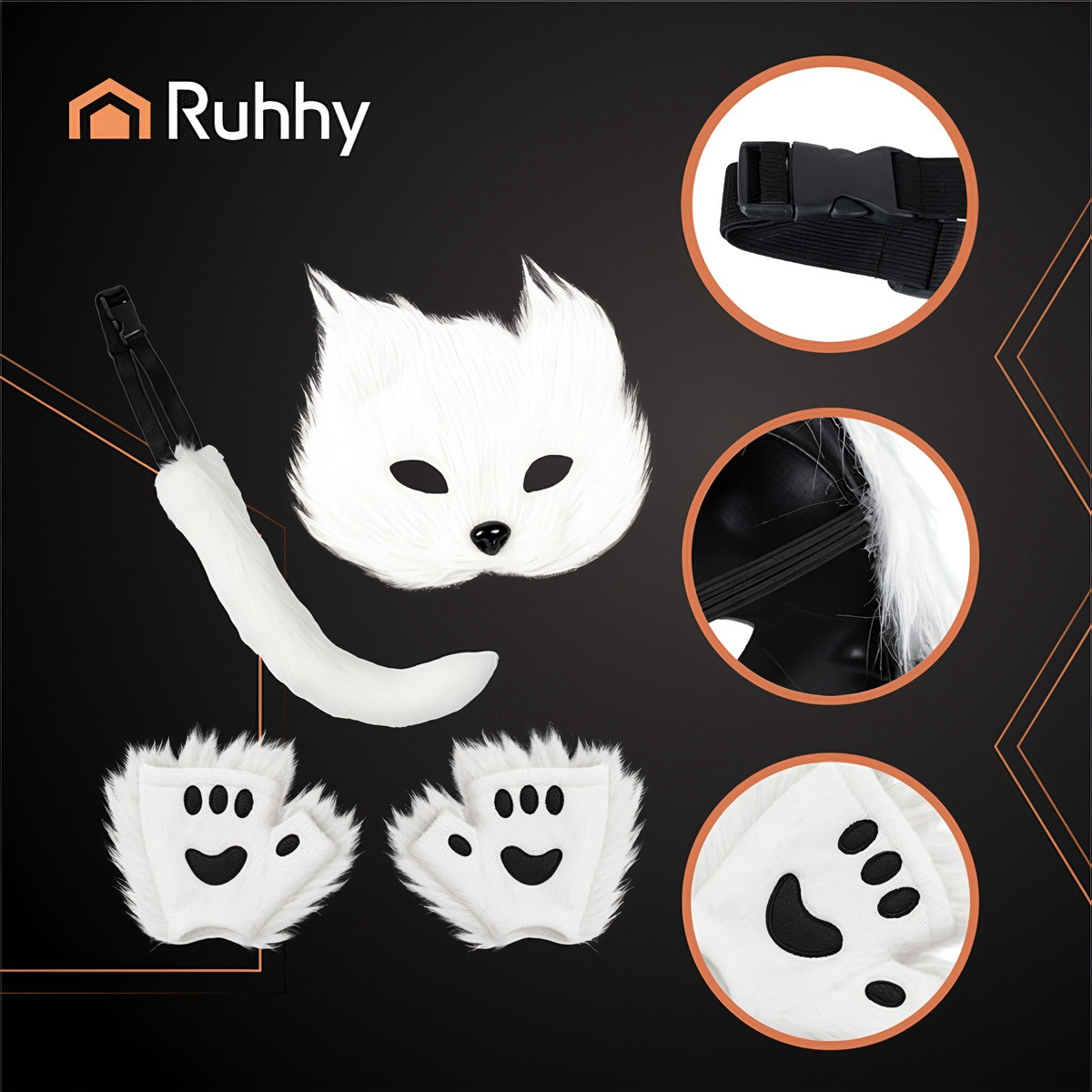 Ensemble de costume chat/renard 4 pièces, blanc, queue ajustable