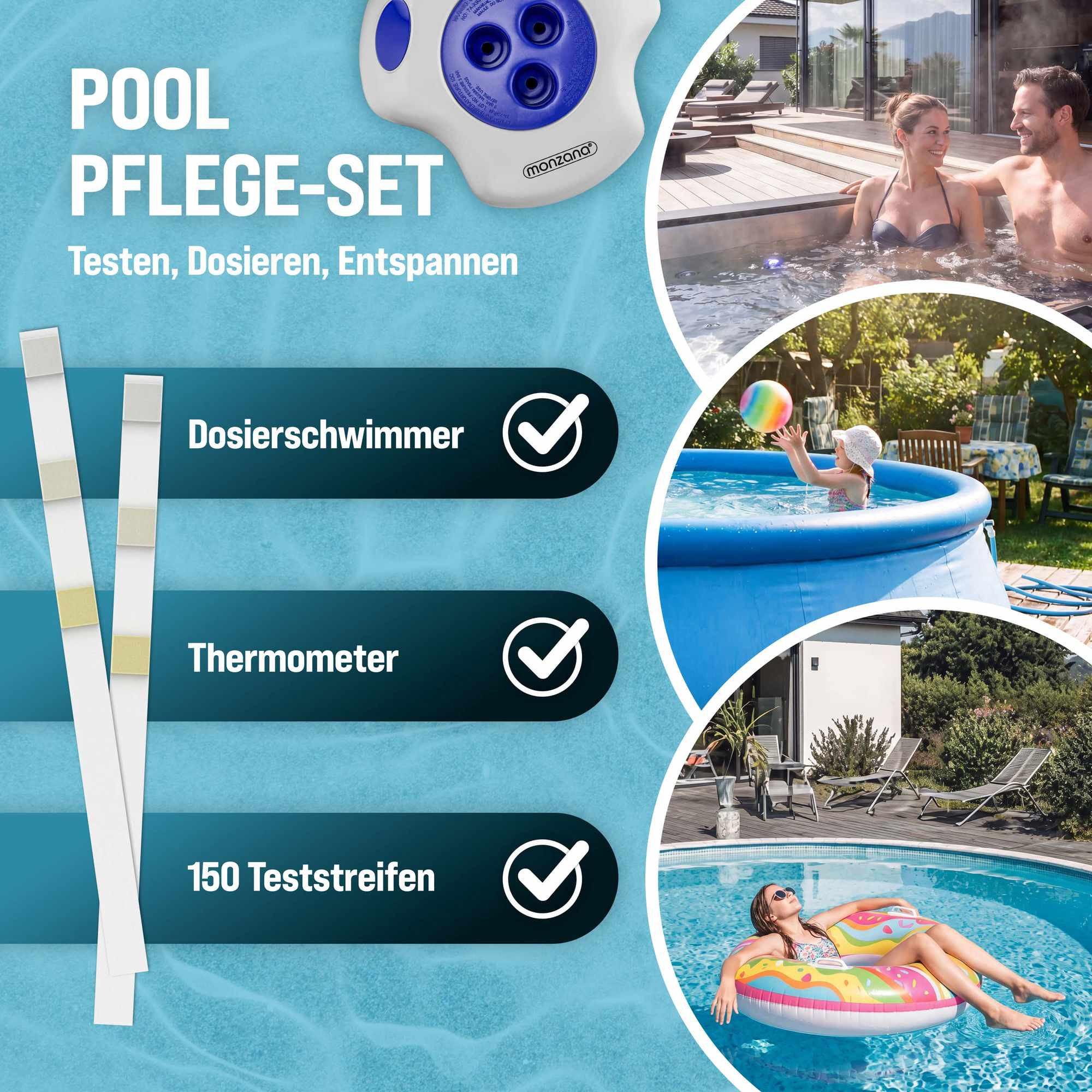 Pool Chlorine Float with Thermometer & 150 Test Strips