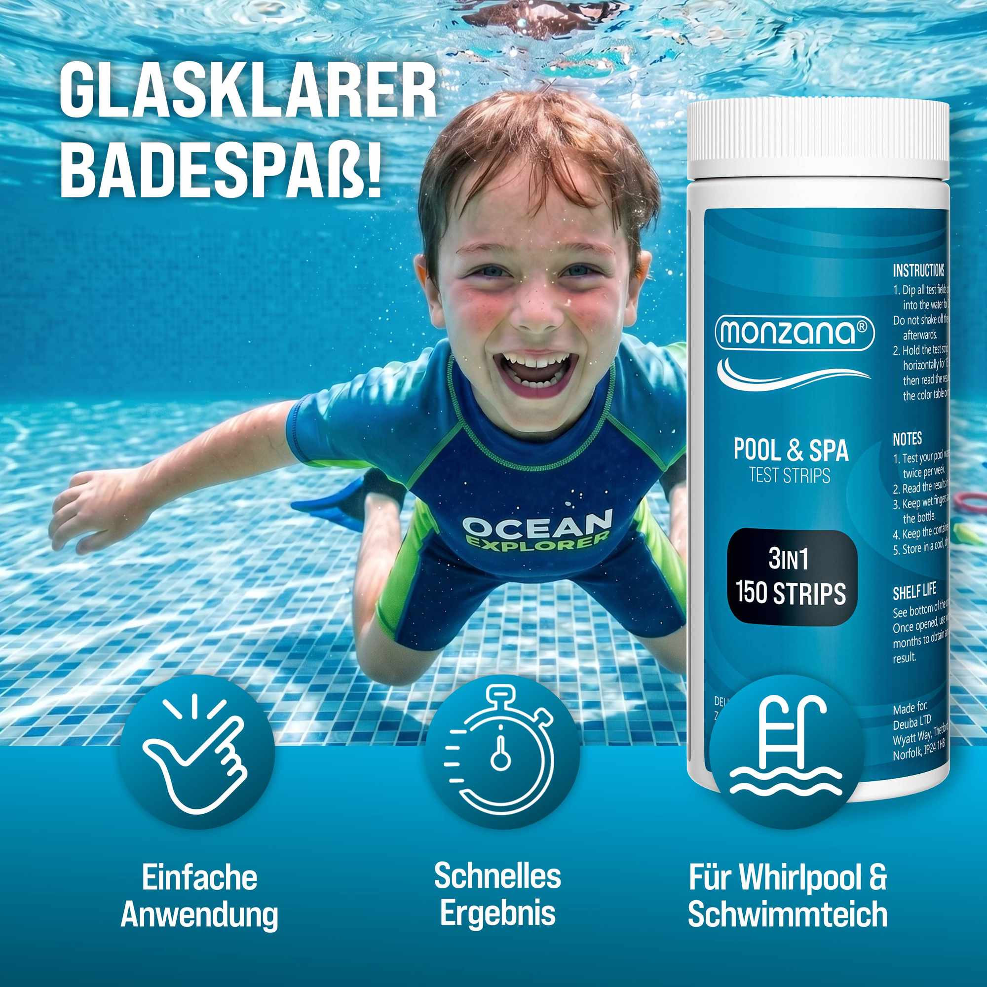 Pool Chlorine Float with Thermometer & 150 Test Strips
