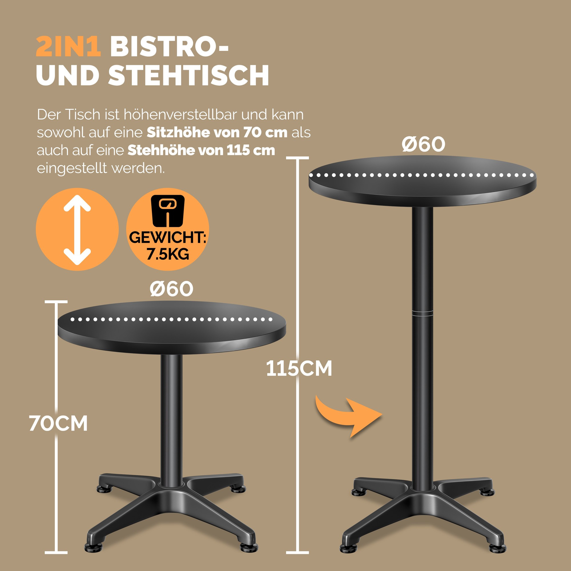 Height-Adjustable Black Aluminium Bar Table, 60cm Diameter