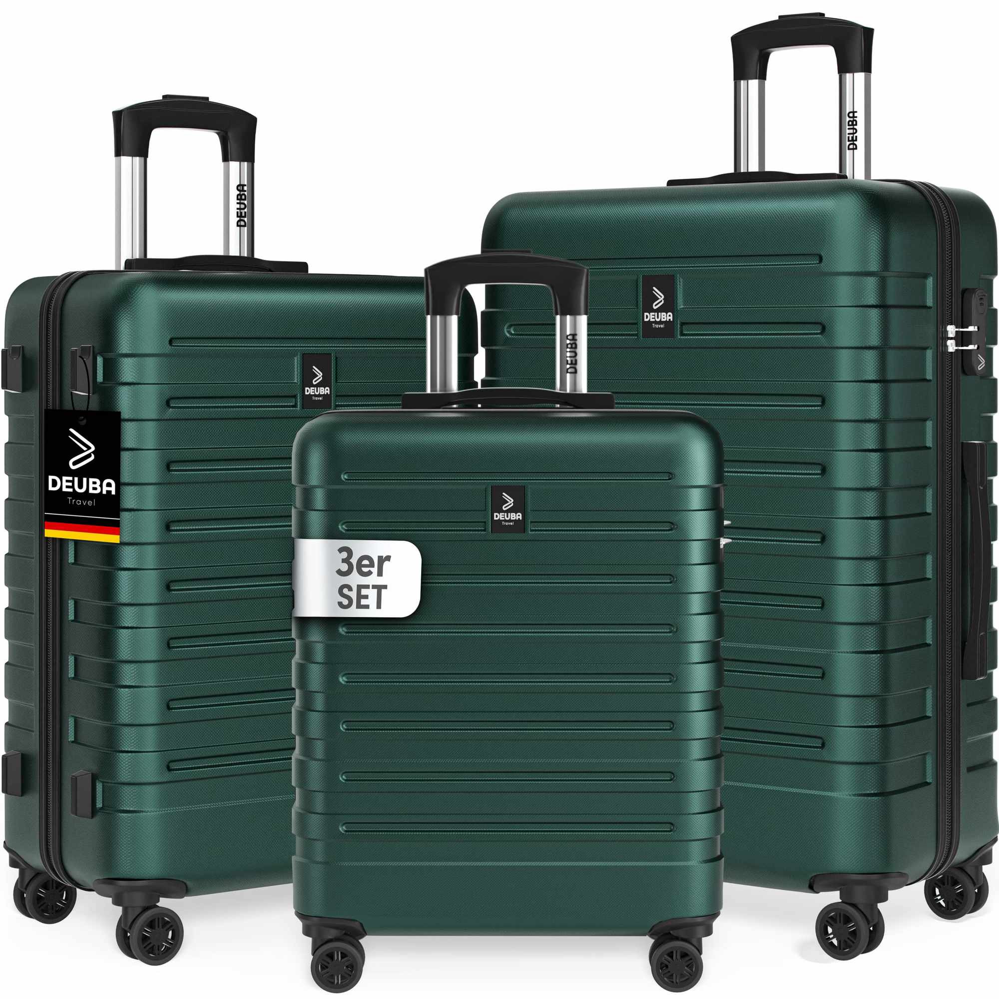 Ensemble de 3 valises rigides vertes à roulettes multidirectionnelles